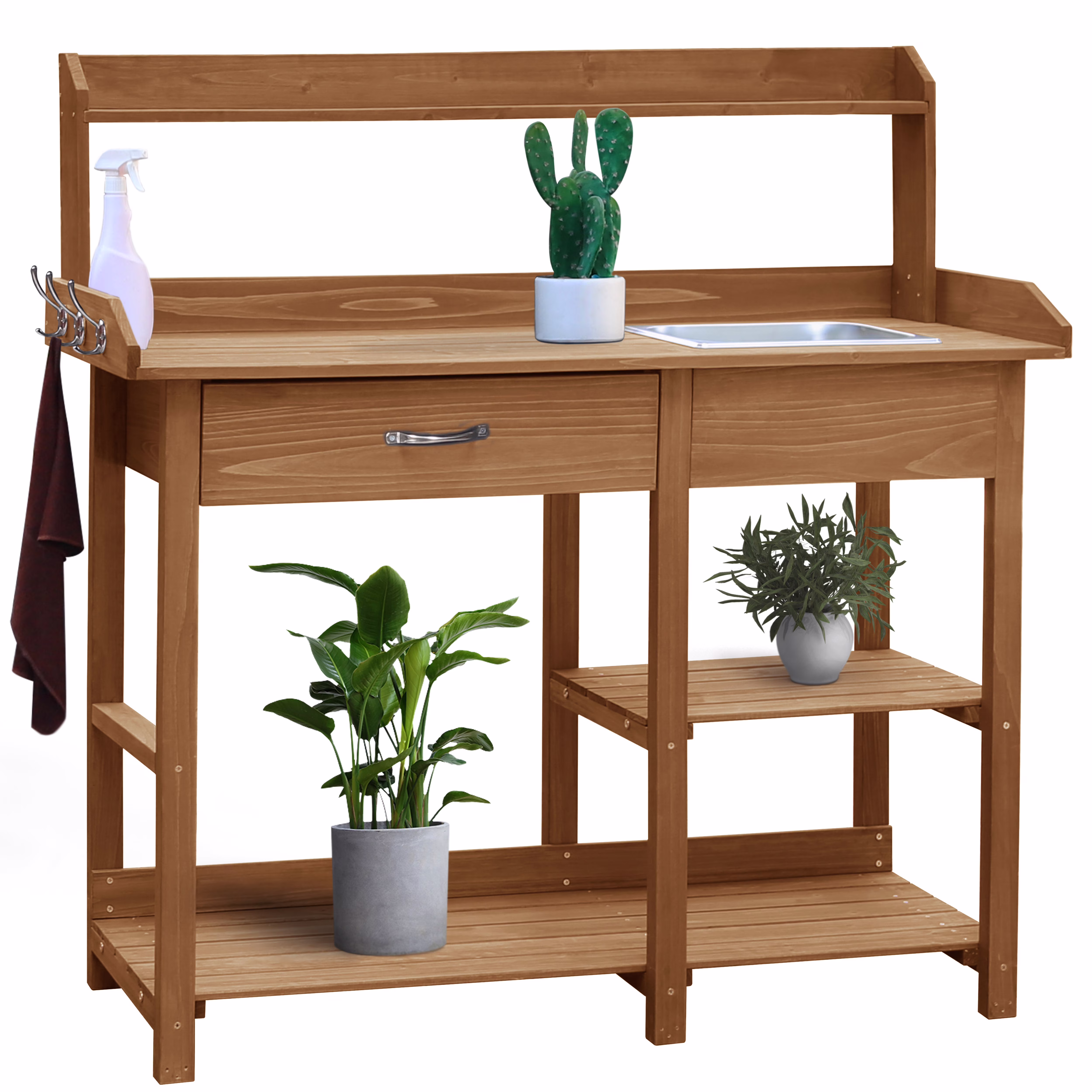 Wood Potting Bench Garden Table w/ Removable Stainless Sink Shelves, Natural(Natural)