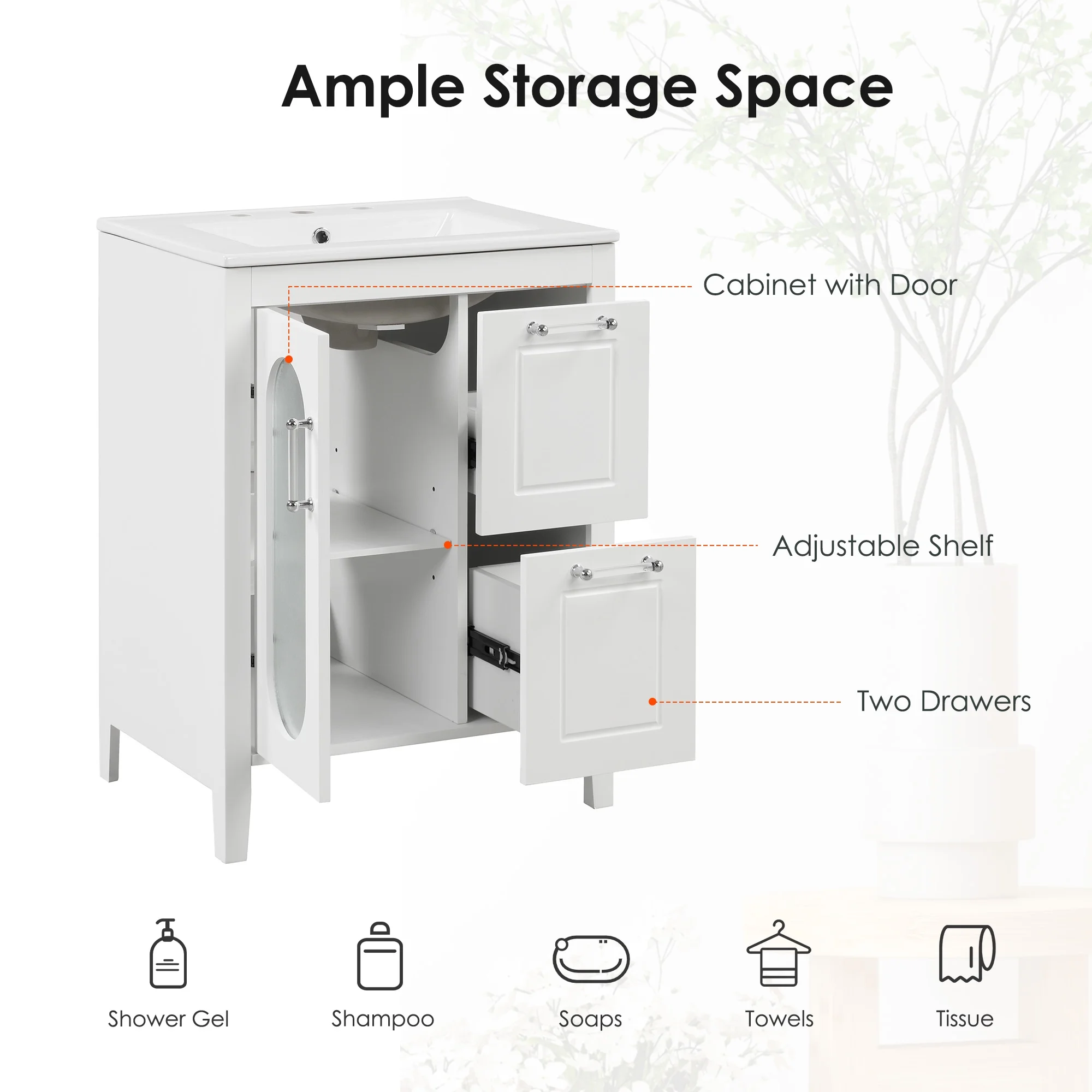 24" Bathroom Vanity with Ceramic Sink, Solid Wood Bathroom Makeup Cabinet with Door, Adjustable Shelf and 2 Drawer, Free Standing Single Basin Vanity Set for Small Bathroom, White(White) - Image 8