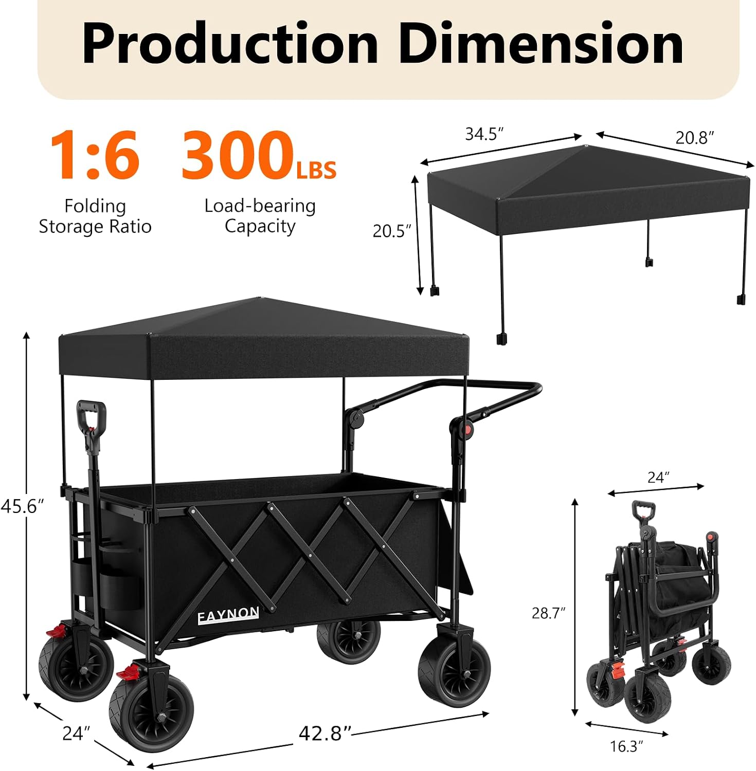 3 in 1 Collapsible Wagon with 300lbs Weight Capacity, 150L Heavy Duty Utility Cart with Removable Canopy, with Large All-Terrain Beach Wheels & Drink Holders, Black