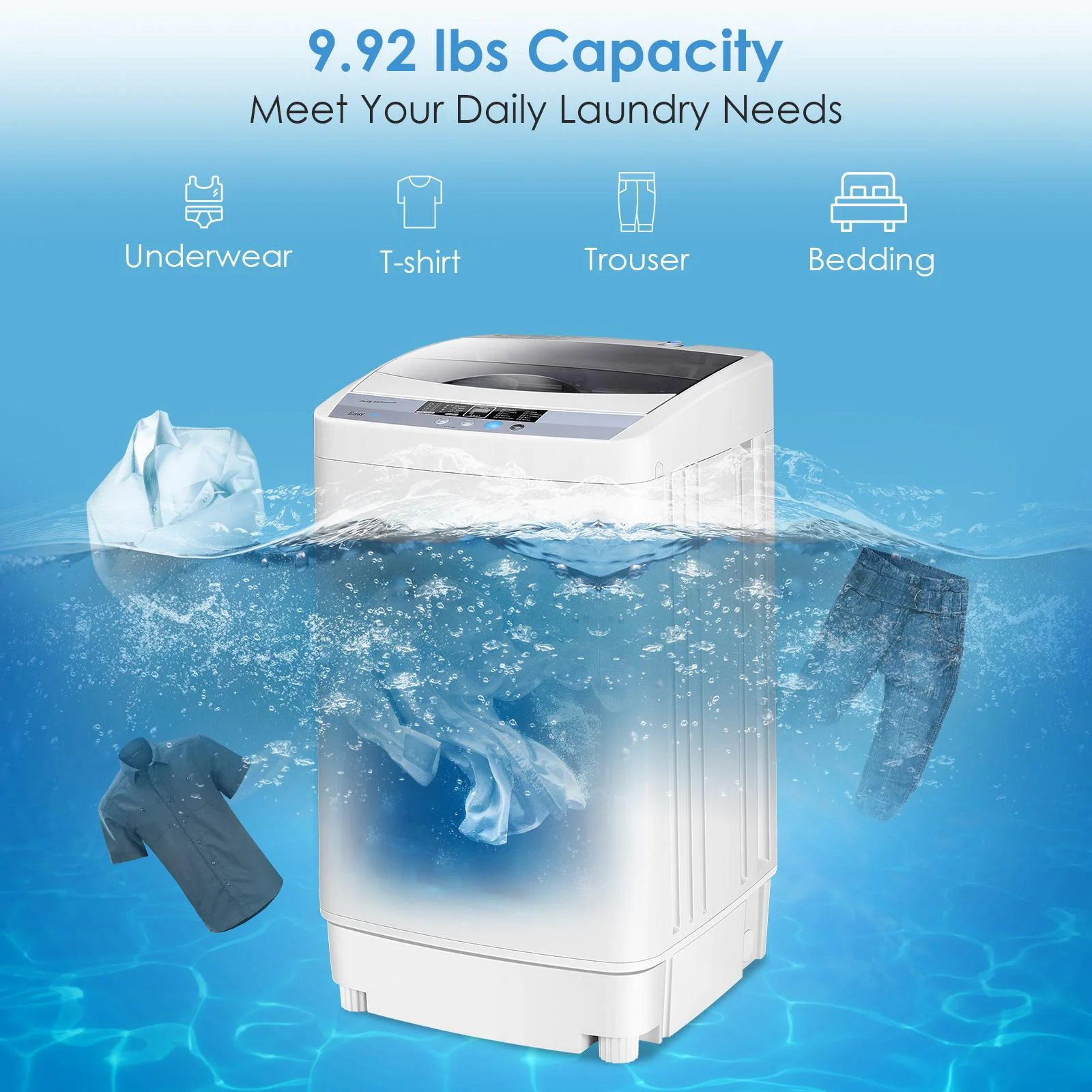 Full-Automatic Washing Machine, 1.34 Cu.ft Compact Washer w/10 Programs, 8 Water Levels LED Panel, 9.92 Lbs Capacity Portable Cloth Washer and Spinner w/Drain Pump - Image 7