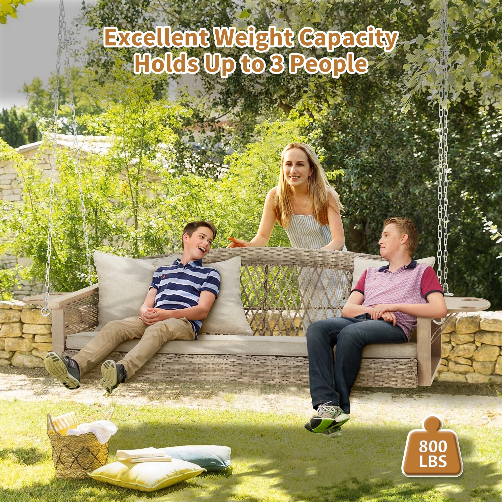 3-Person Porch Swing 55in Wicker Hanging Swing Bench with Cushions and Cupholders for Deck, Garden and Backyard, Beige(Beige) - Image 8