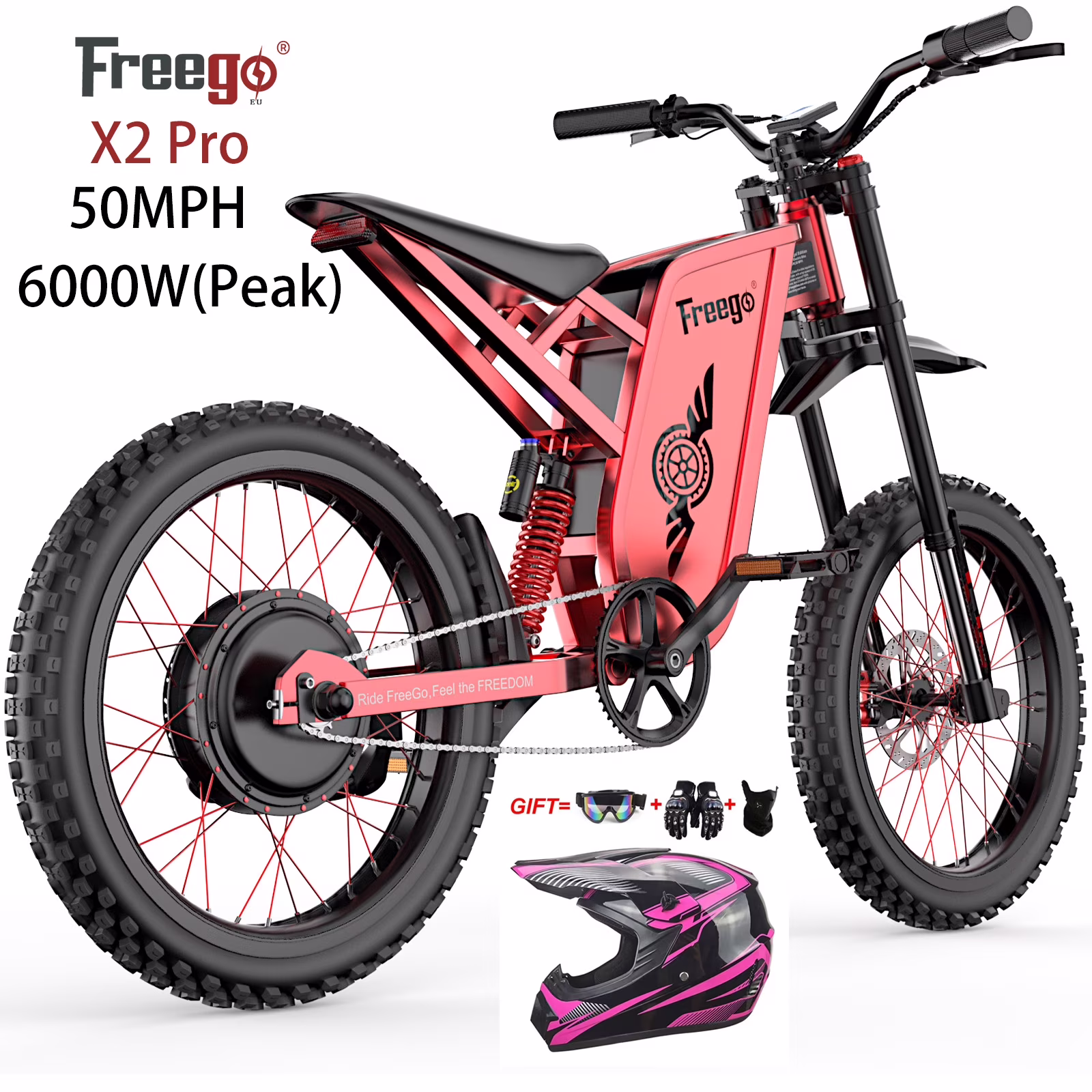 6000W(Peak) Motor 60V/35Ah Battery, X2Pro Electric Motorcycle for Adults, Electric Bike 50MPH/7 Speed Off Road Electric Bicycle,19x2 Full Suspension/Four-Piston Hydraulic Brake UL2849MTB(Red)