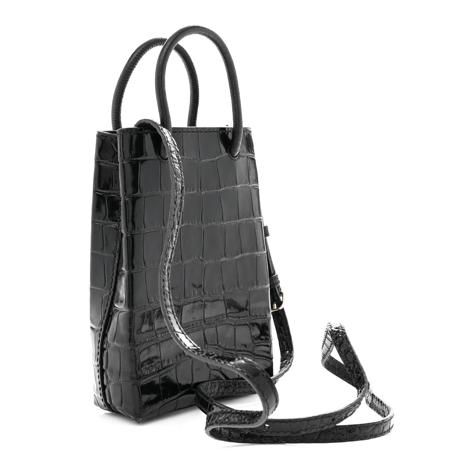 Calfskin Crocodile Embossed Logo Shopping Phone Holder Bag Black