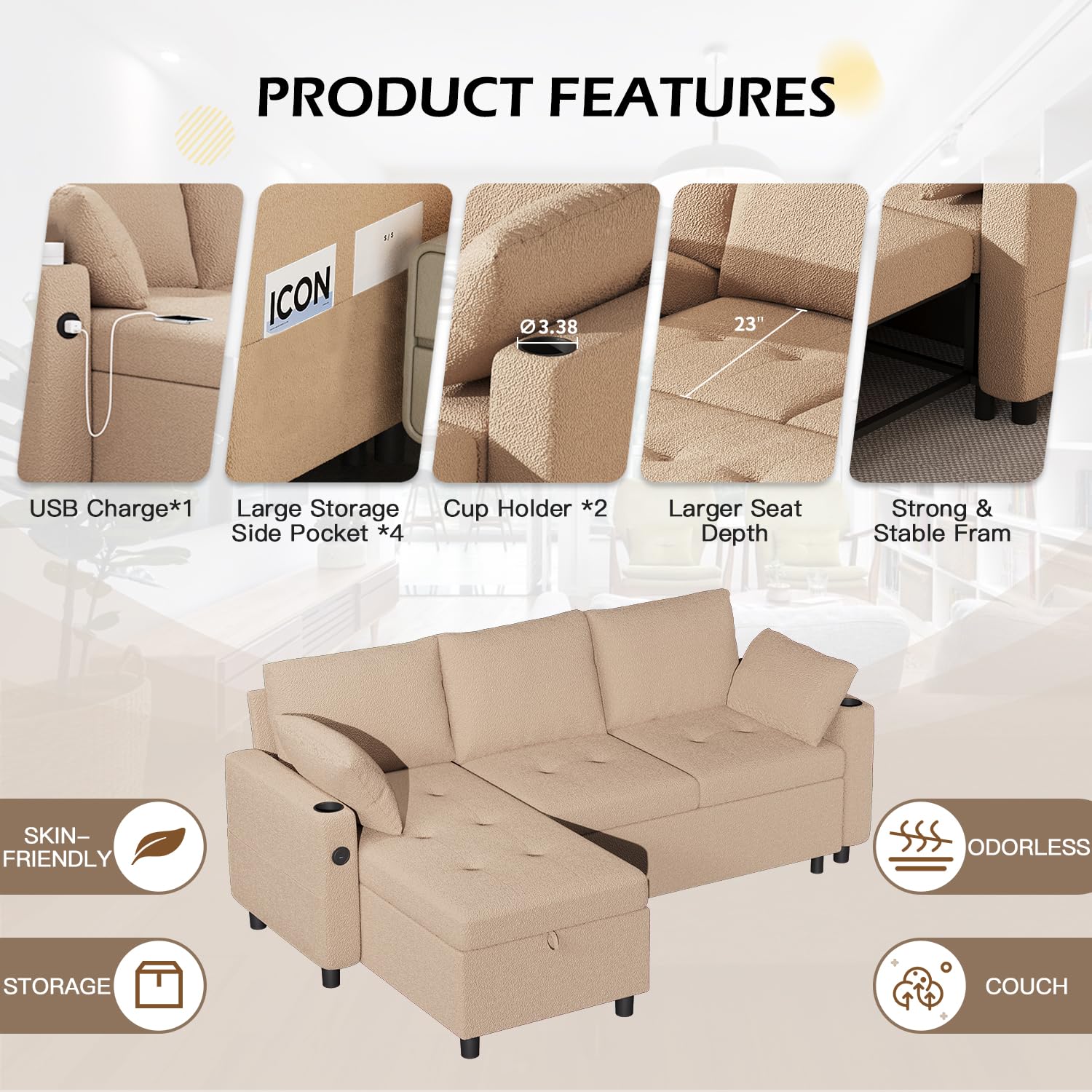 AECOJOY Sleeper Sofa Couch with Pullout Bed, Teddy Fleece, Tan