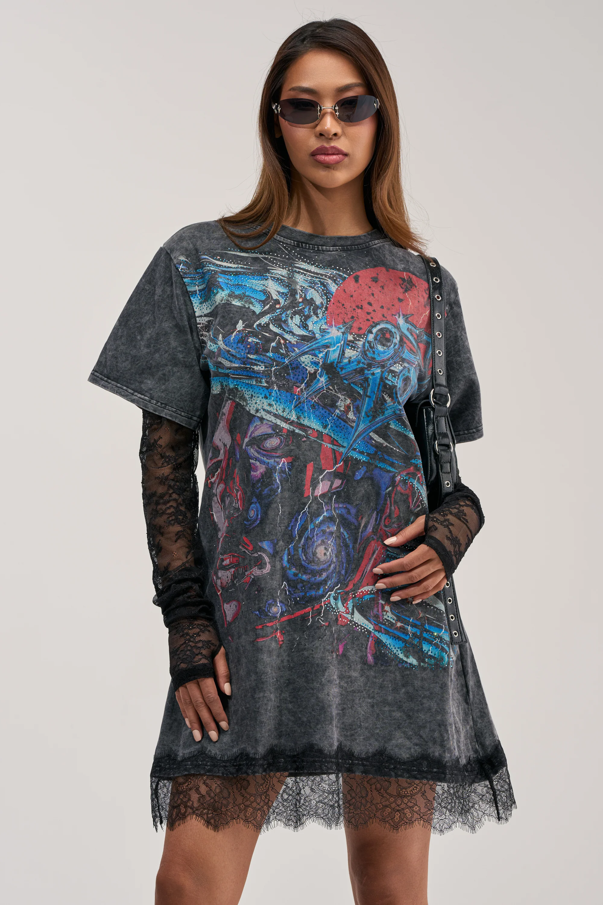 THEY WATCH I WIN GRAPHIC LACE MINI DRESS - Akira Store