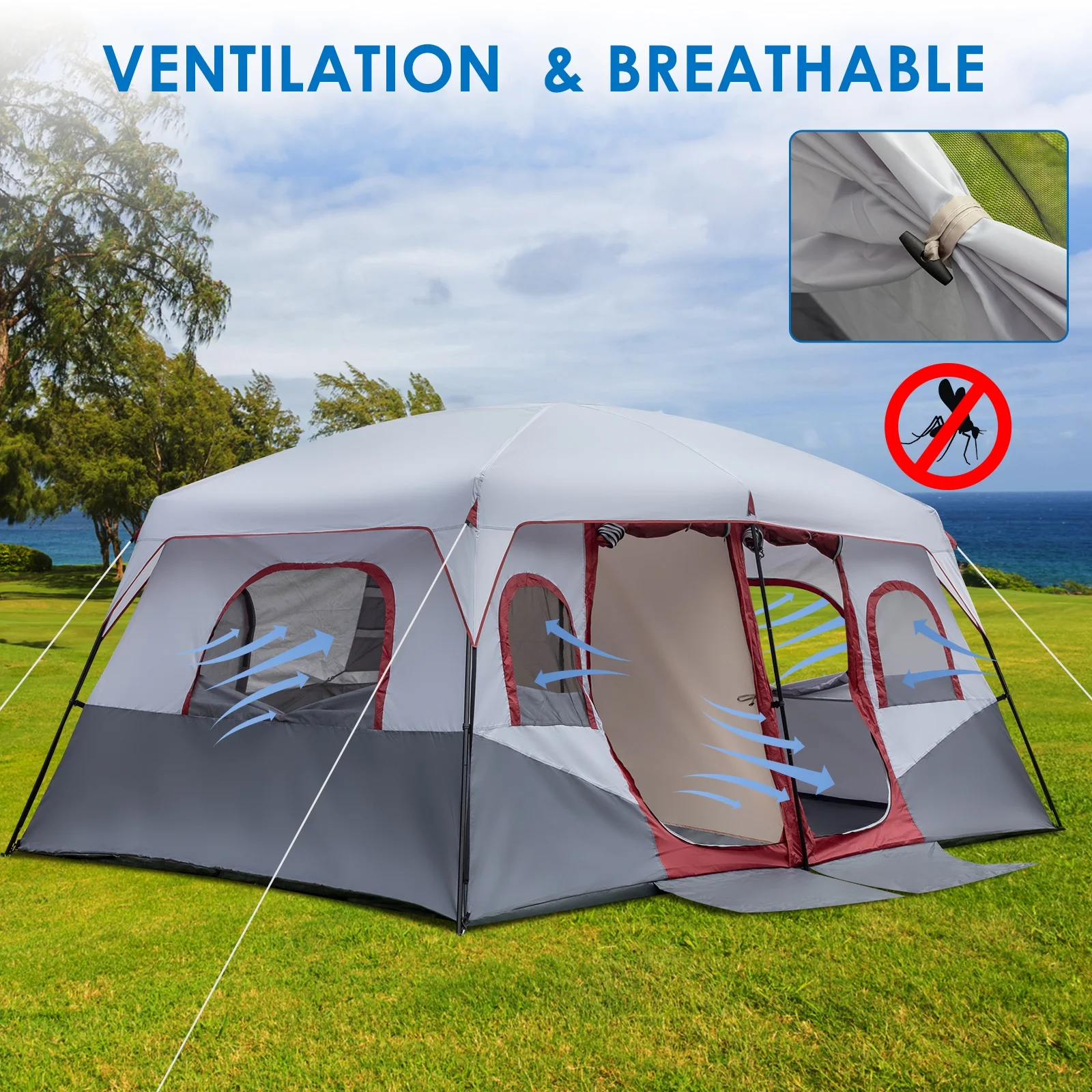 10 Person Tent Large Multi Room Tent for Family Camping Cabin Huge Tent with Carry Bag(Gray White) - Image 4