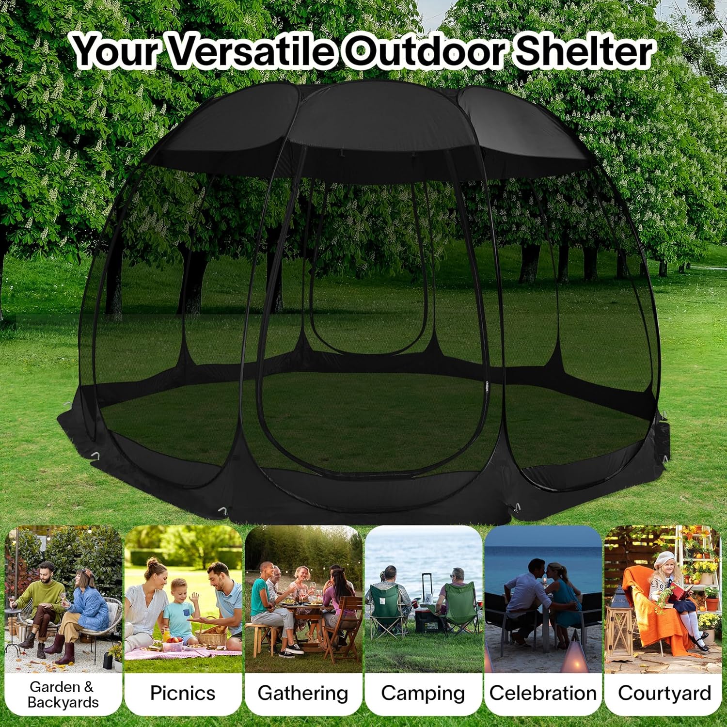 Gazebo moustiquaire pouvant accueillir 6, 10 ou 15 personnes. Tente de style igloo avec moustiquaire latérale. Idéal