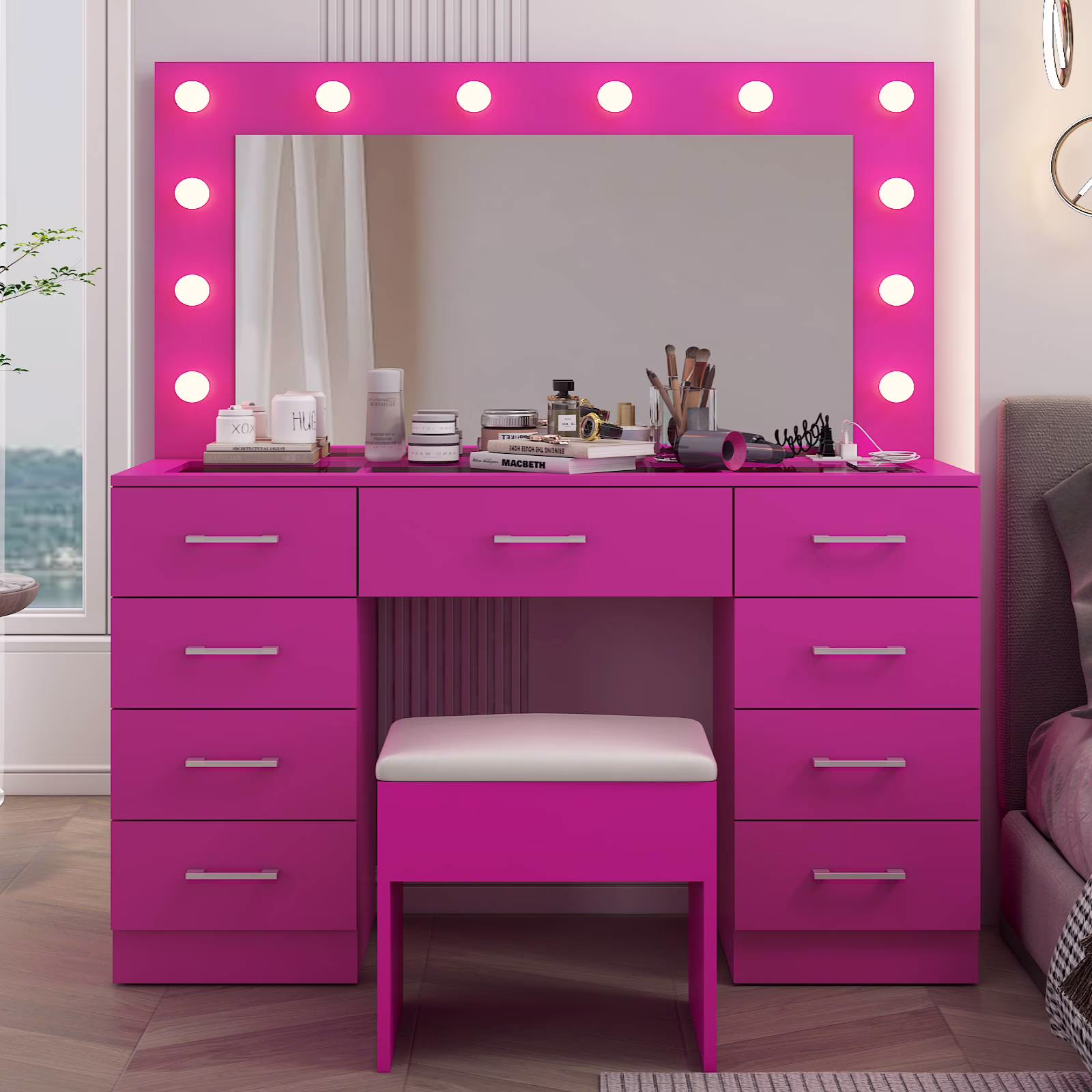 Large Makeup Vanity, Vanity Table Set w/ Visible Glass Top w/ Charging Station, White(White-9 Drawer) - Image 3