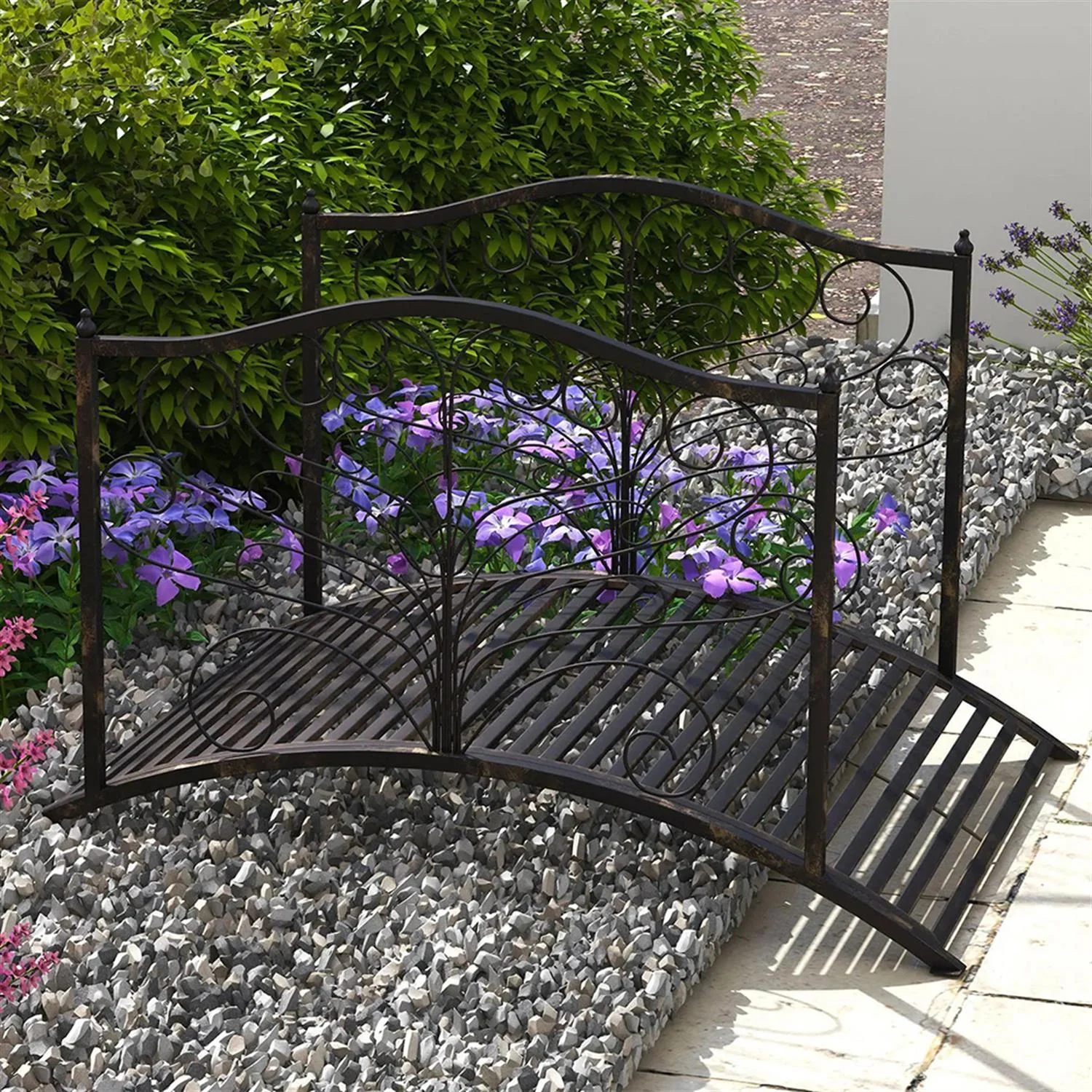 Demi Bonn 4 Ft. Metal Garden Bridge with Safety Side Rails, Delicate Scrollwork, Arc Footbridge for your Backyard, Black