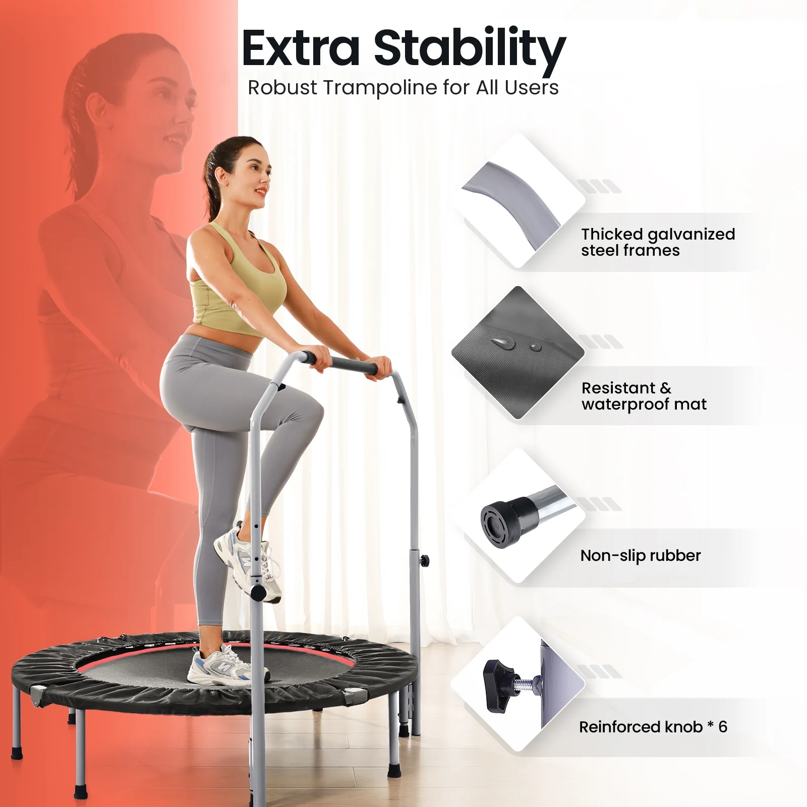 40" Foldable Trampoline, Fitness Rebounder with Adjustable Foam Handle, Exercise Trampoline for Adults/kids Indoor/Garden Workout Max Load 330lbs(40") Image 5