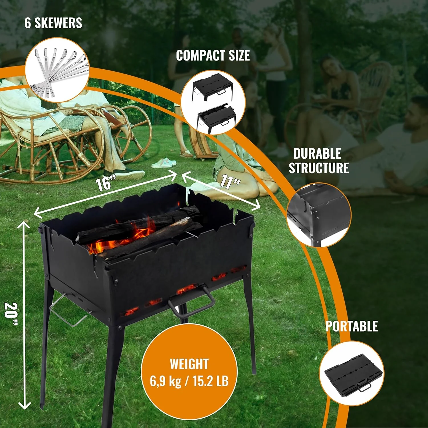 CKG Portable Barbeque Grill Heavy Duty Mangal BBQ Outdoor Travel 6 Skewers, Metal 2 Mm