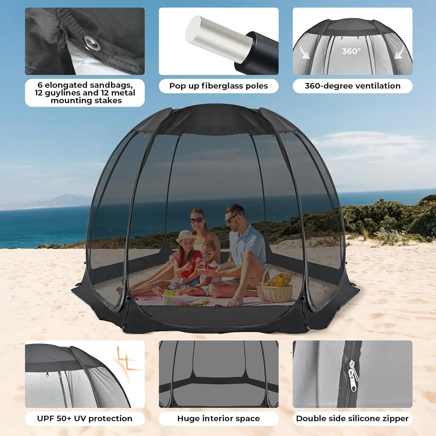 Gazebo moustiquaire pouvant accueillir 6, 10 ou 15 personnes. Tente de style igloo avec moustiquaire latérale. Idéal