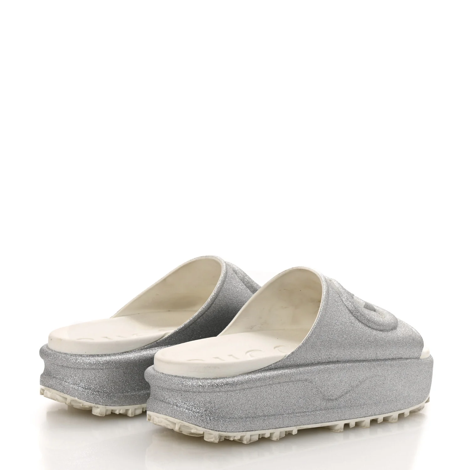 Glitter Rubber Womens Interlocking G Platform 42mm Slide Sandals 40 Silver