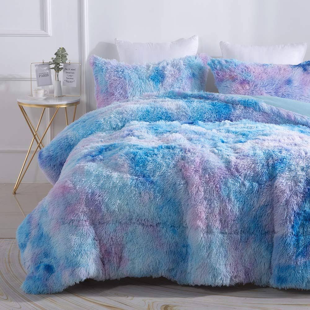 Wajade Faux Fur Plush Rainbow Comforter Set Fluffy Fuzzy Shaggy Bedding Set - 3PC Full Size Microfiber Soft Warm Quilt Set