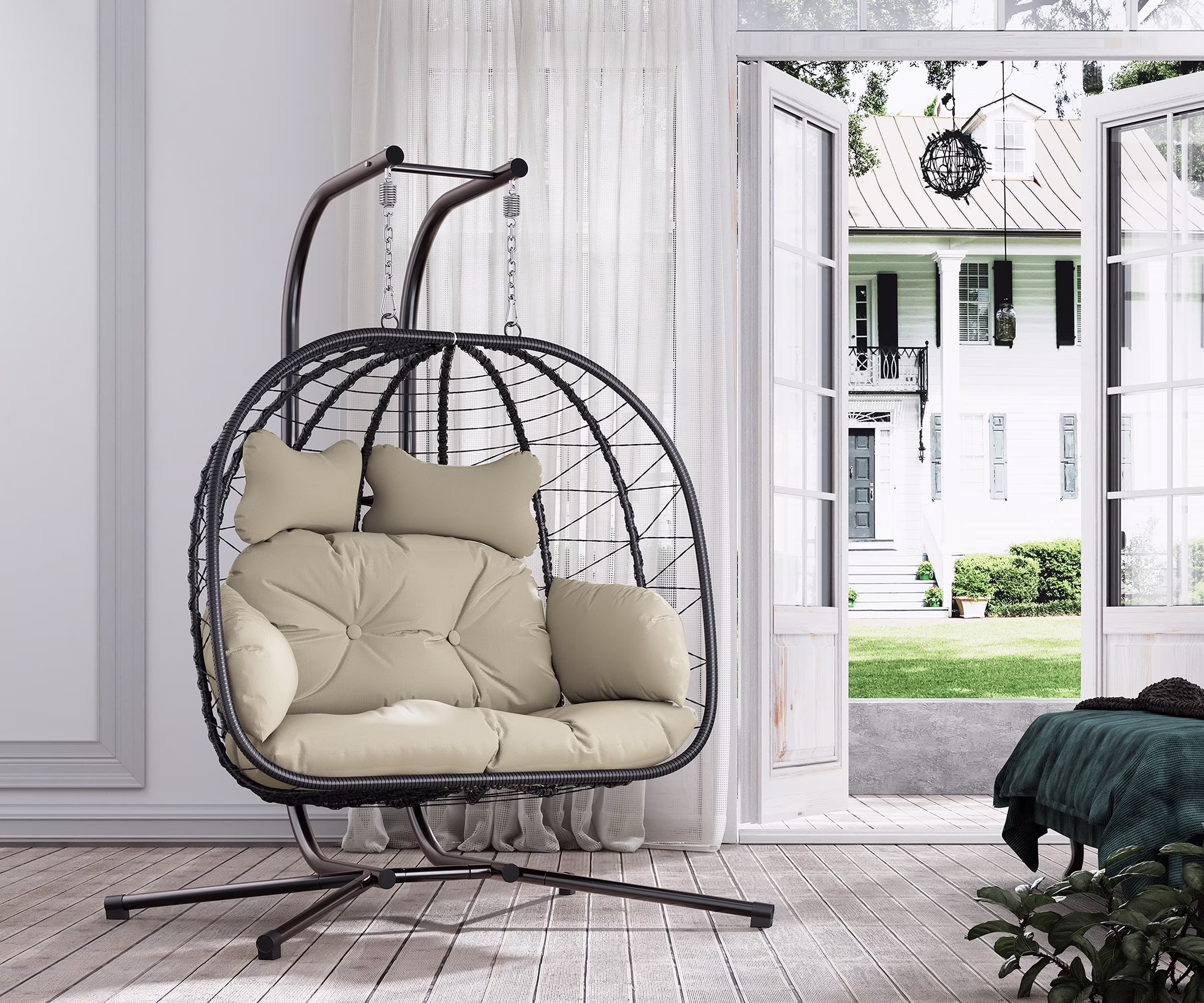 Double Wicker Swing Egg Chair Hammock Foldable Hanging Loveseat with Stand, UV Resistant Removable Cushions, 700LBS Capacity for Bedroom, Balcony (Black and Beige)(Black and Beige)