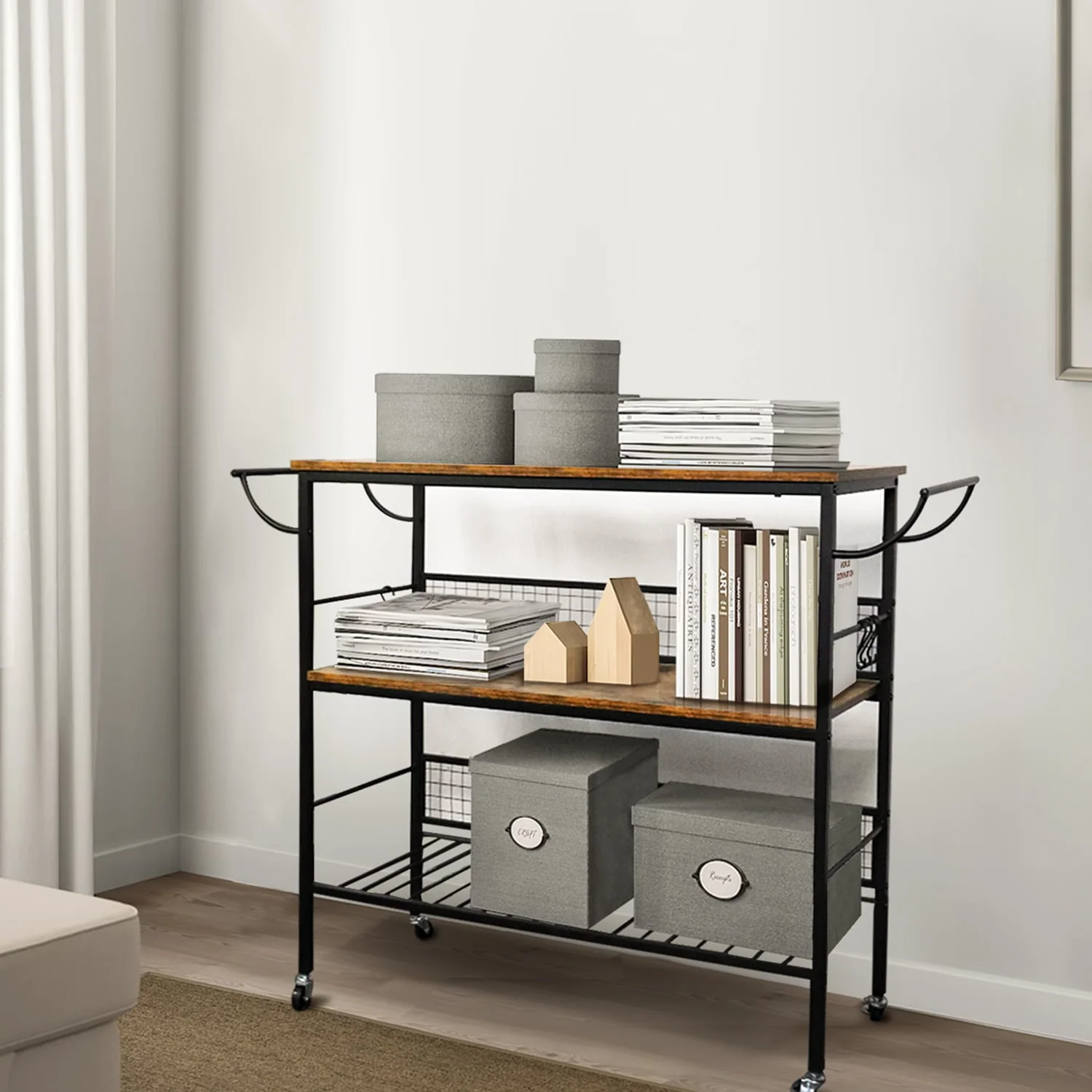 MONVANE 40"W Large Kitchen Iron Cart Island, 3 Tier Rolling Kitchen Rack Large Utility Mobile Wine Cart Storage Shelf Organizer Coffee Bar with Handle(Black/With handle)