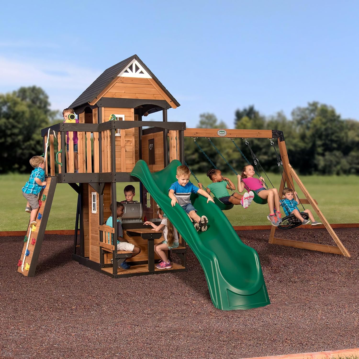 Canyon Creek Cedar Wood Swing Set with Wave Slide, Clubhouse, Play Kitchen, Picnic Area, Belt Swings, Web Swing, Rock Wall, Balconies,…