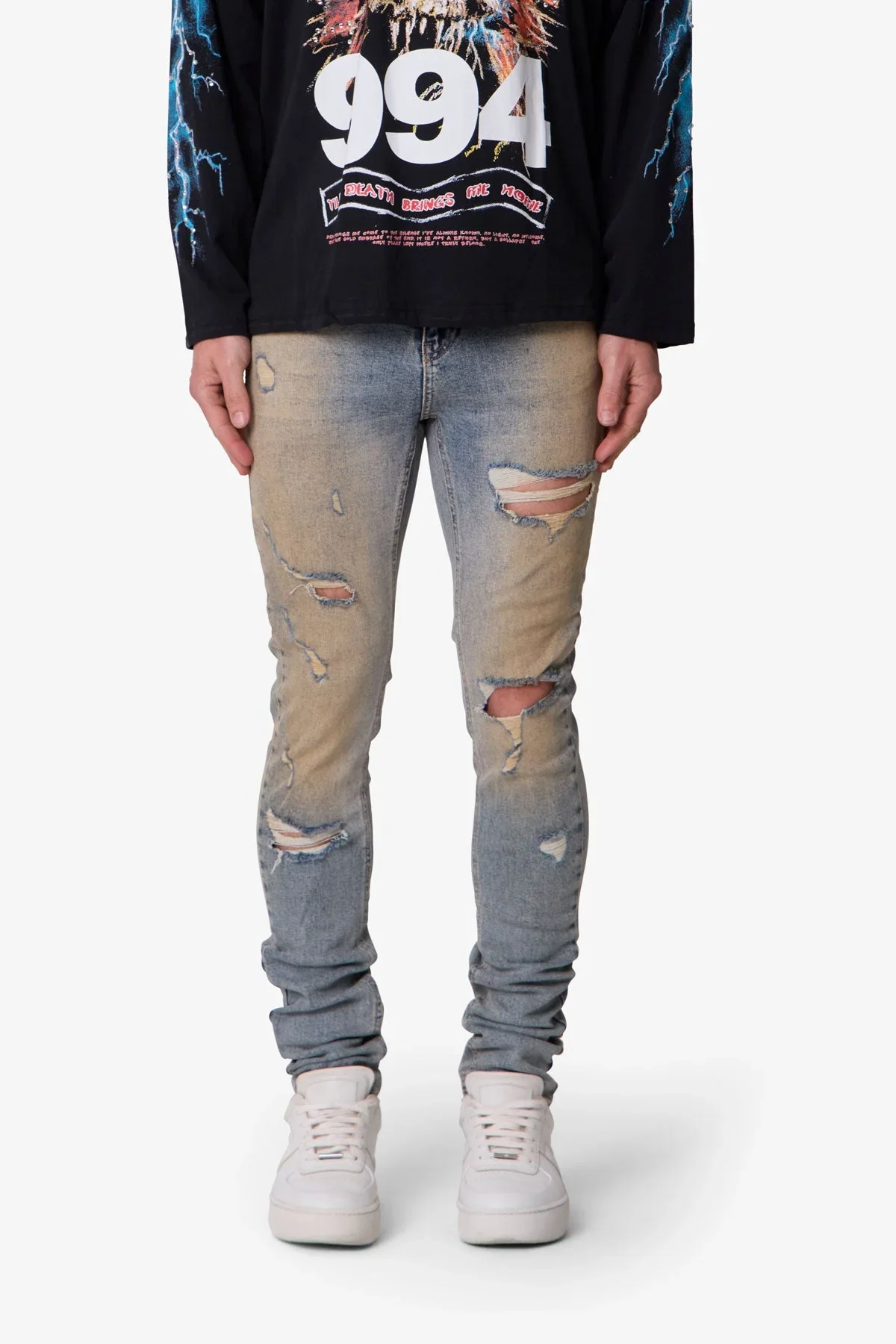 Slashed Skinny Denim - Vintage Blue