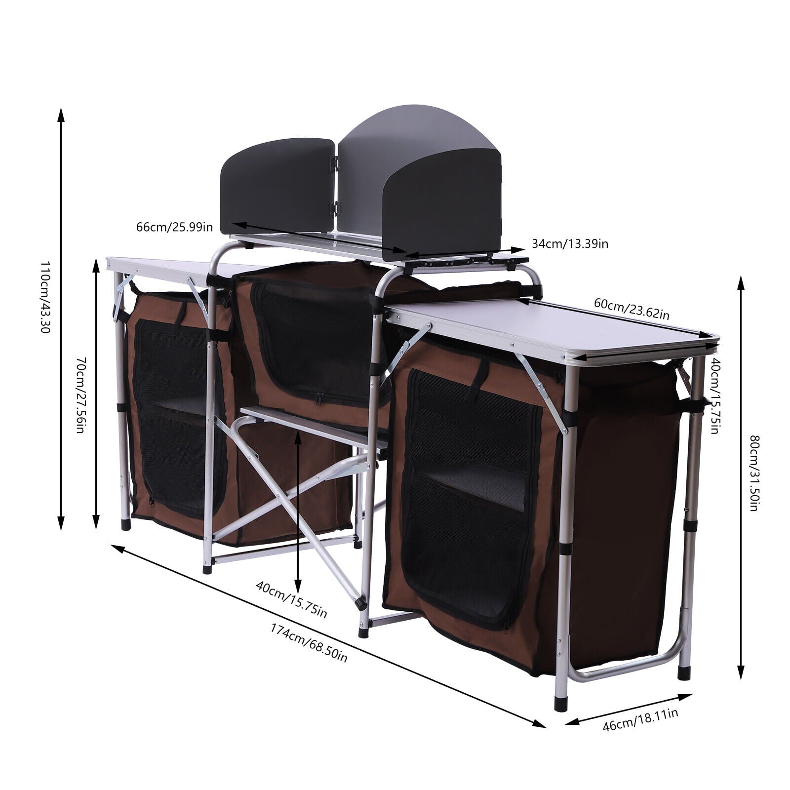 Folding Camping Kitchen Table with Storage Portable Outdoor Cooking Table with Aluminium Windscreen Kitchen Station with 2 Side Tables for BBQ Grill Picnics Brown