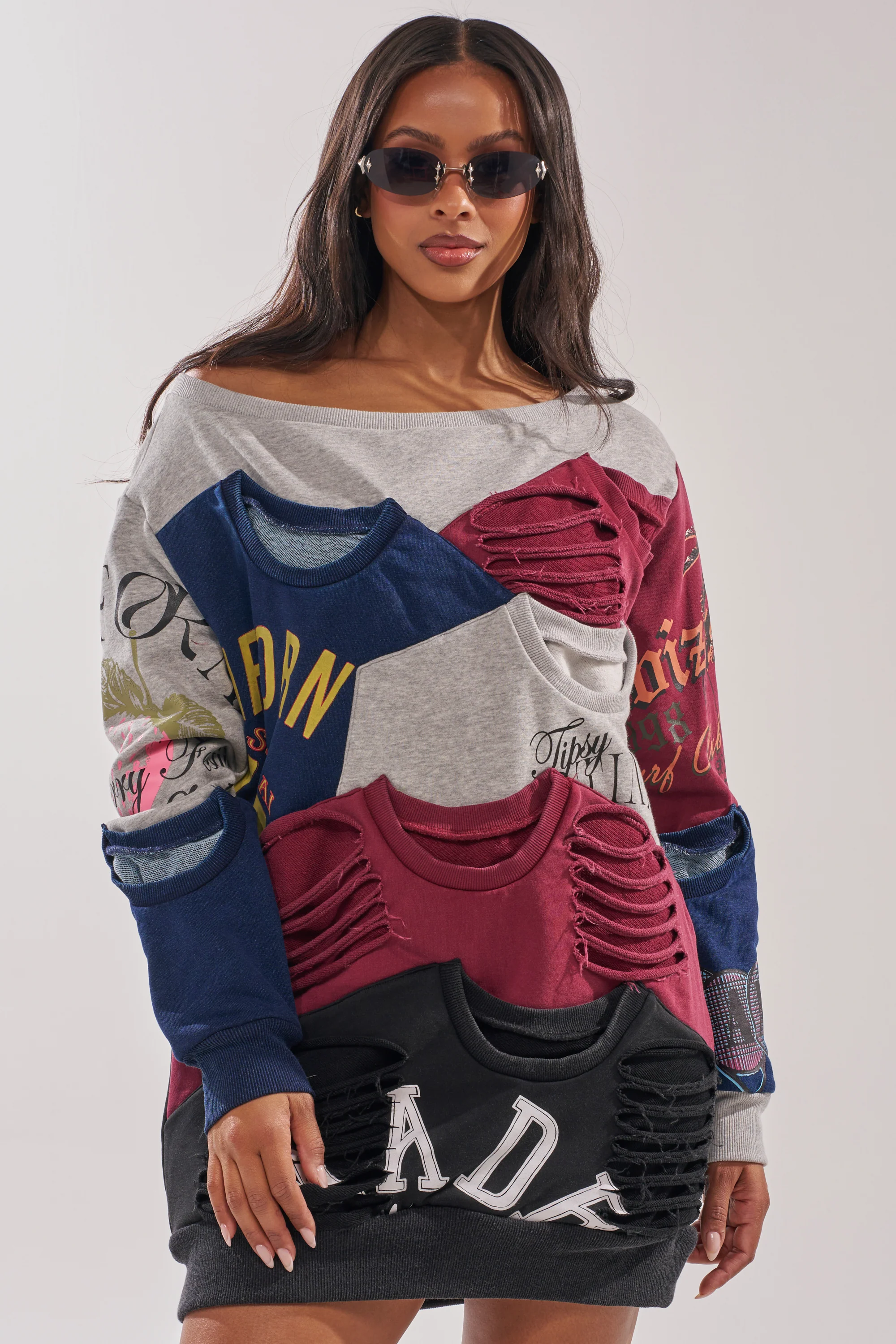TALK LATER OFF THE SHOULDER PATCHWORK DRESS - Akira Store