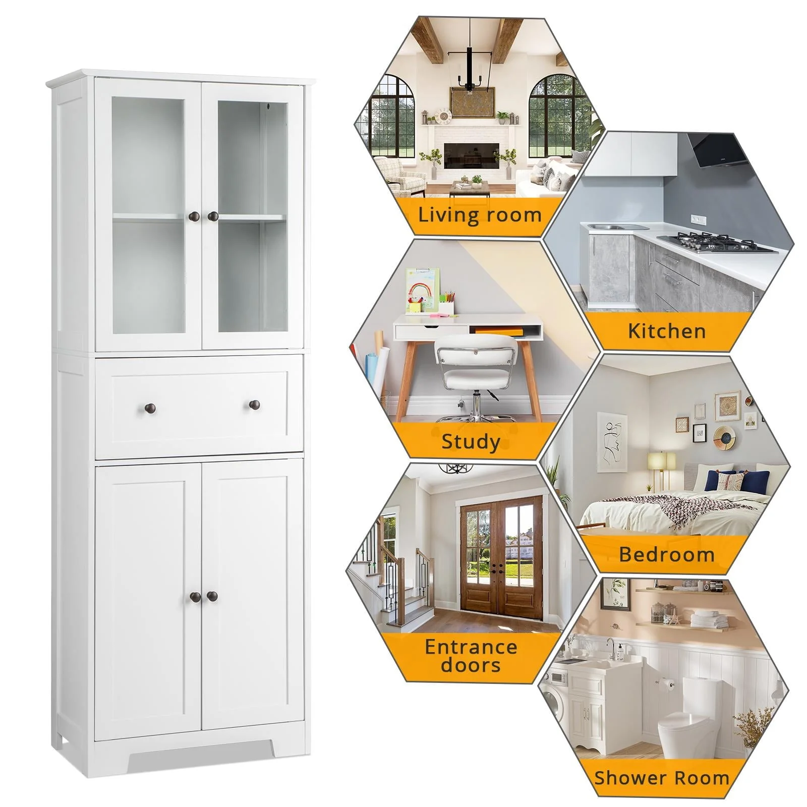 Ktaxon 64" Tall Bathroom Storage Cabinet Organizer, Freestanding Kitchen Pantry Cabinet Line Tower with 2 Glass Doors, Large Drawer 4 Adjustable Shelves for Dining Room Living Room Home Office,White Image 6