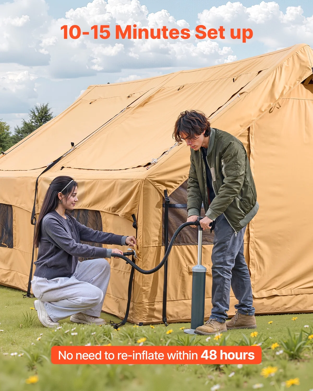 Inflatable Tents for Camping, 5-8 Person Easy Setup Blow up Tent with Hand Pump, Luxury Glamping Tent with 2 Skylights, Canopy, Stove Jack 2 Doors Mesh Windows (Storage Bag Included) - Image 3