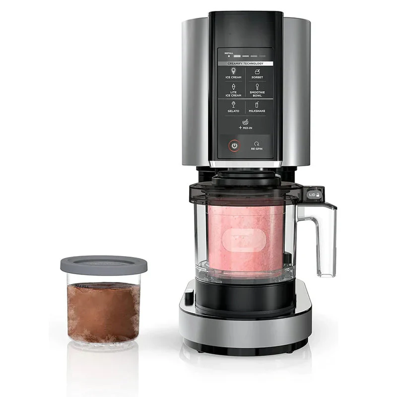 Sorbetière NC301 CREAMi, pour glaces, garnitures, milkshakes, sorbets, bols de smoothie et plus encore, 7 programmes à une touche, avec 2 récipients de 500 ml et couvercles, format compact, idéal pour les enfants, argent