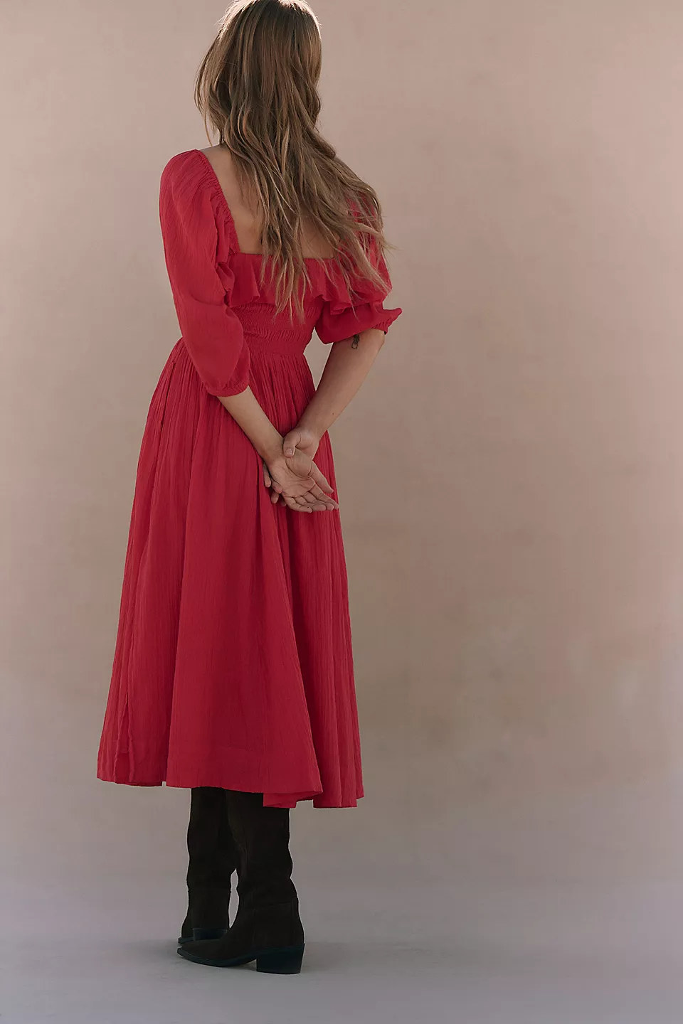 Oasis Smocked Cotton Midi Dress - Red