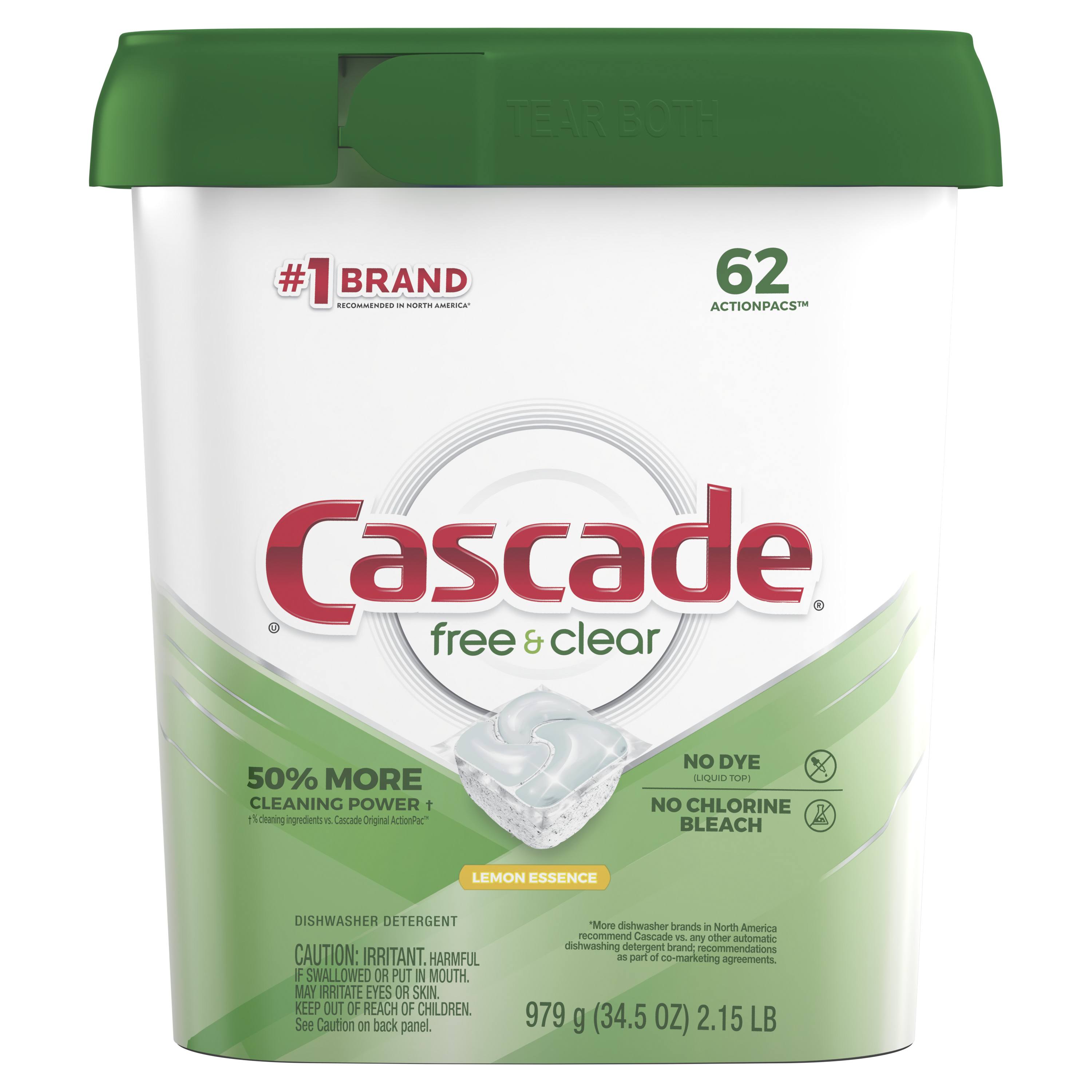Cascade Free & Clear Dishwasher Detergent, Lemon Essence - 62 pacs, 979 g