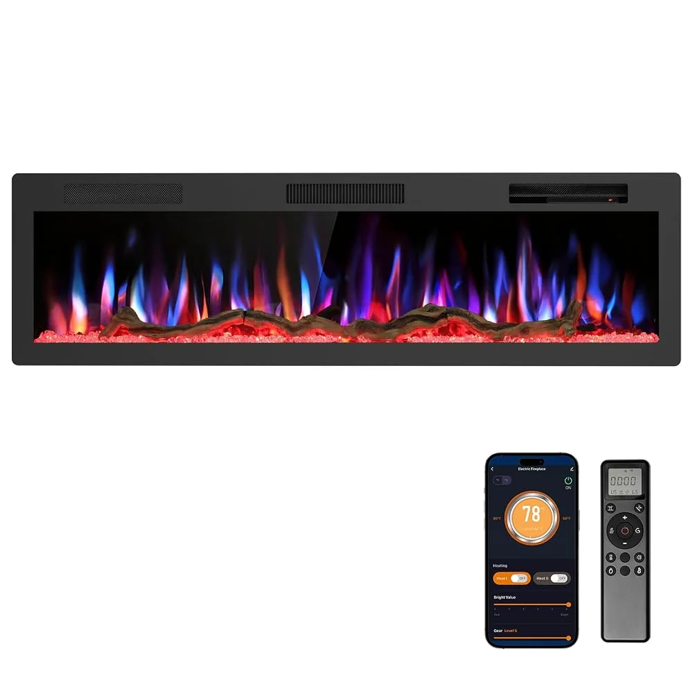 R.W.FLAME 60" Recessed and Wall Mounted Smart Electric Fireplace, Alexa/WiFi Enabled, APP Control with Multiple Sound Modes, Remote Control with Timer, Adjustable Flame Colors and Speed