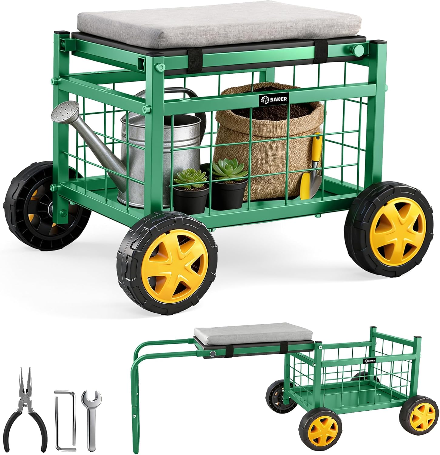 Saker Rolling Garden Cart with Seat & Wheels 15.7