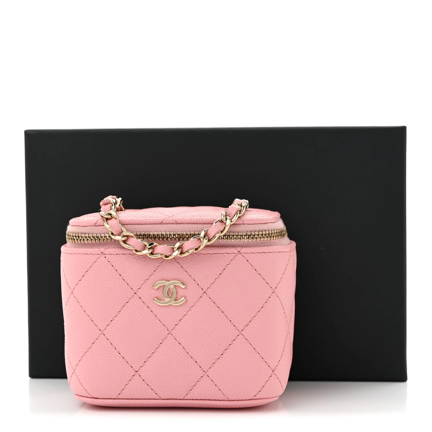 Caviar Quilted Mini Vanity Case With Chain Pink