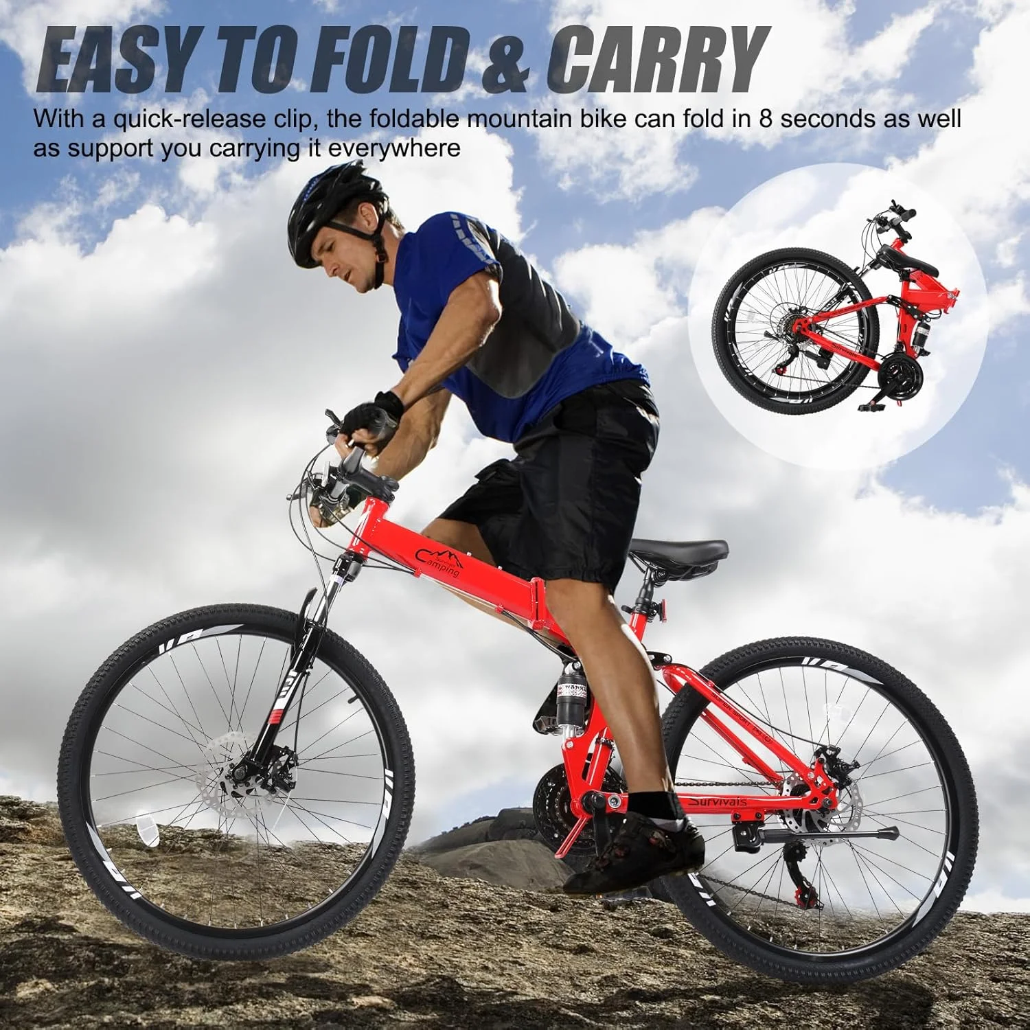 26 Inch Folding Mountain Bike Under 250$ Men Mountain Bike 21 Speed,High Carbon Steel,Disc Brake Folding Bikes for Adults/Men/Women Red(Red) - Image 5