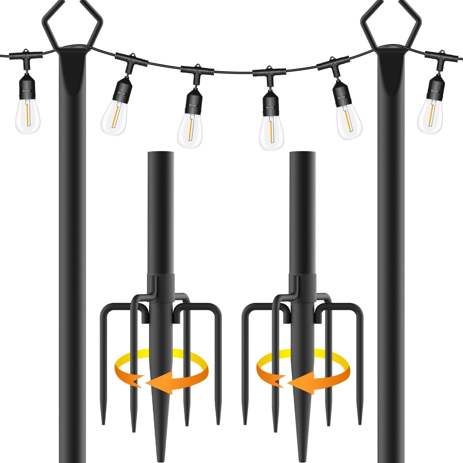 Aulimhti String Light Poles - 10ft Metal Poles with Fork and Base for Outdoor String Lights, 2 Pack Light Poles Stand for Garden, Patio, Wedding, Bac
