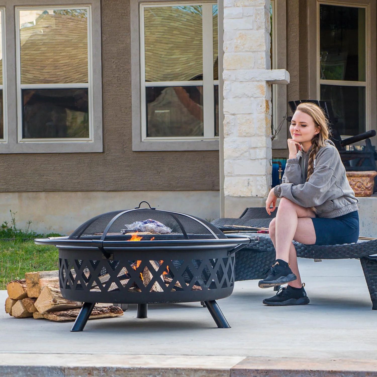 42" Large Outside Fire Pit, Round Fire Pit Wood Burning with Widened Tabletop, Spark Screen, Fire Poker, Phombus Pattern(42' Phombus Pattern) - Image 9