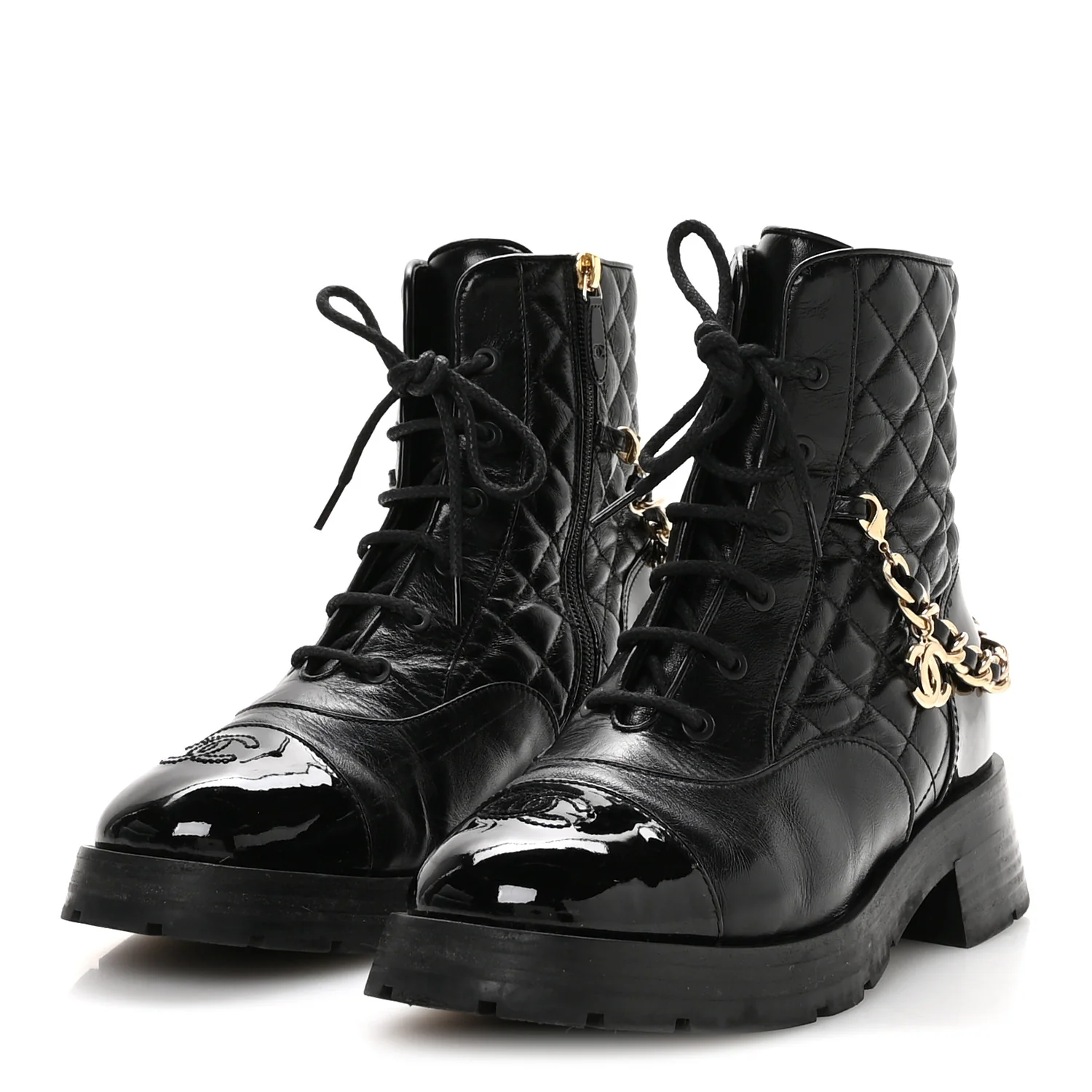 Shiny Calfskin Patent Quilted Chain Lace Up Combat Boots 40.5 Black