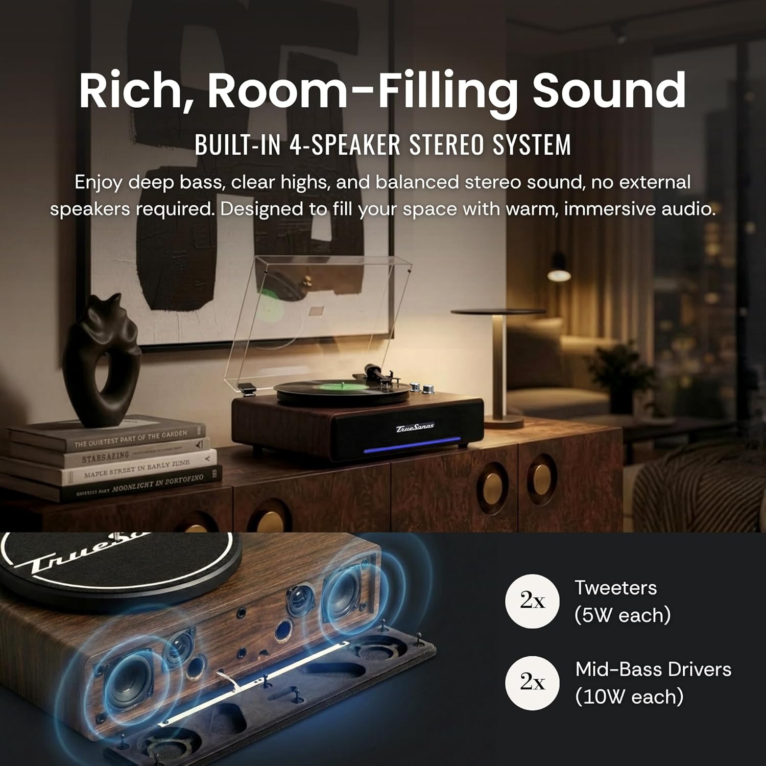 Hi-Fi Record Player with Speakers | Premium Vinyl Turntable with Bluetooth Capability | Built-in 4-Speaker Stereo System for Music Fans  Walnut Veneer+ Silver Trim