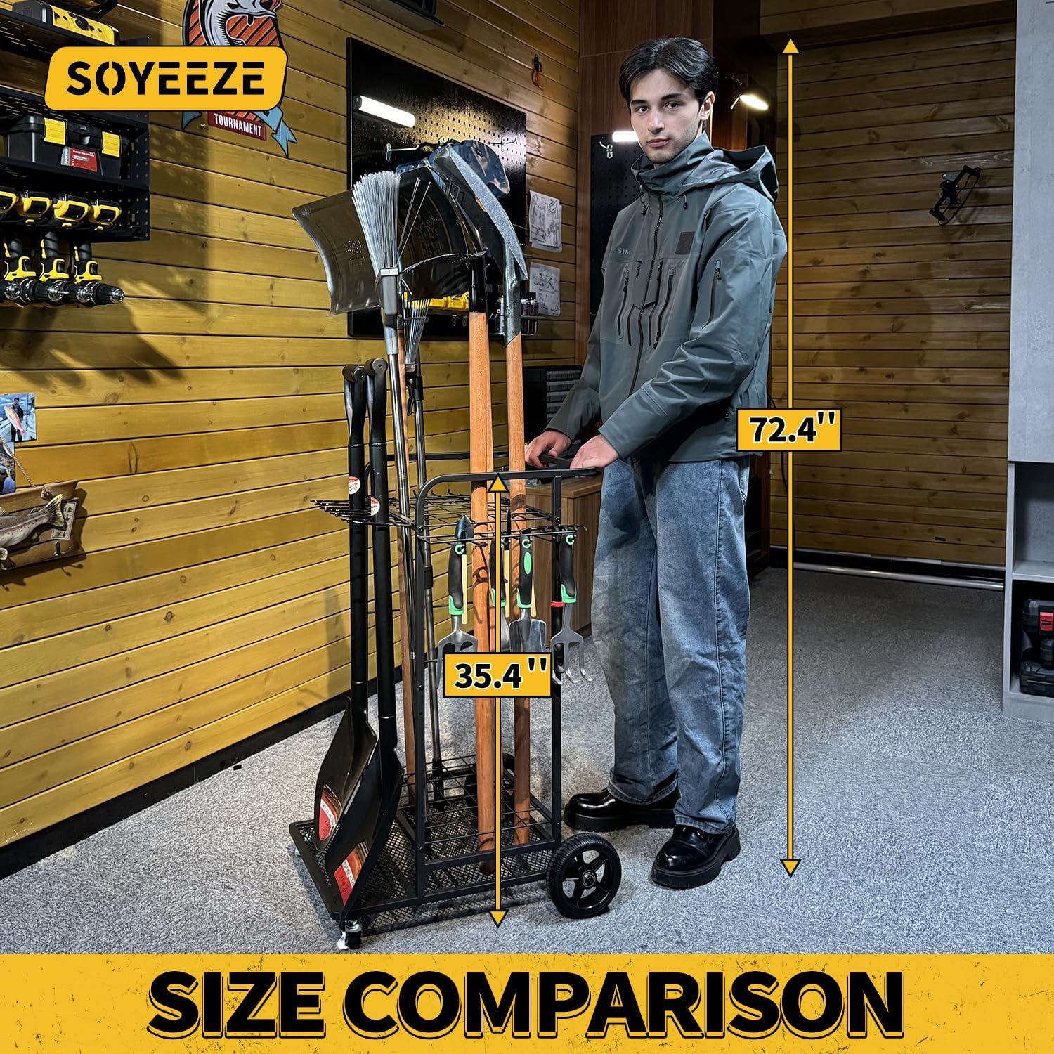 SOYEEZE Garden Tool Organizer with Large Wheels, Heavy Duty 3-Tier Yard Tower Tool Rack for Garage, Holds Up to 35 Long-Handled Tools, Garden Tool Cart with 12 Hooks for Tool Organization and Storage