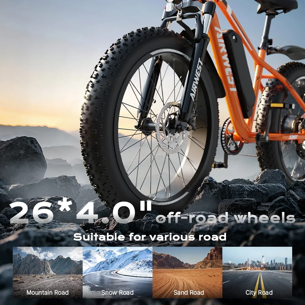 AIRWEST Electric Bike for Adults, Peak 750W Ebikes for Men Women26" Fat Tire Electric Bicycle with 48V 624wh Removable Battery25mph 60miles 7 Speed, Front Suspension Electric Mountain Bike