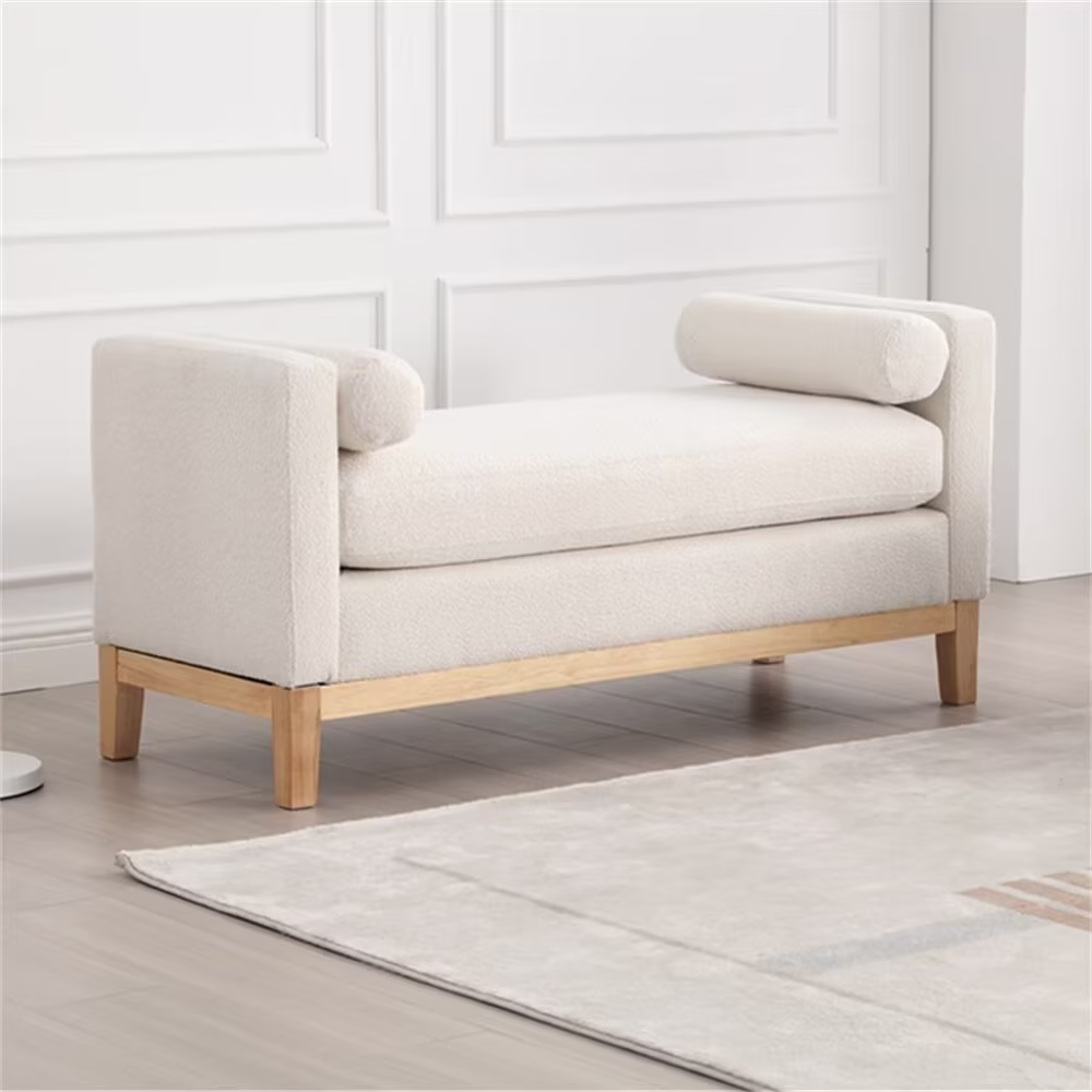 End of Bed Bench, 53.5" Boucle Fabric Upholstered Entryway Bench with Wood Legs Bolster Pillows, Rolled Arm Cushioned Ottoman Foot Rest Long Stool Window Extra Seating for Bedroom, Ivory(Ivory)