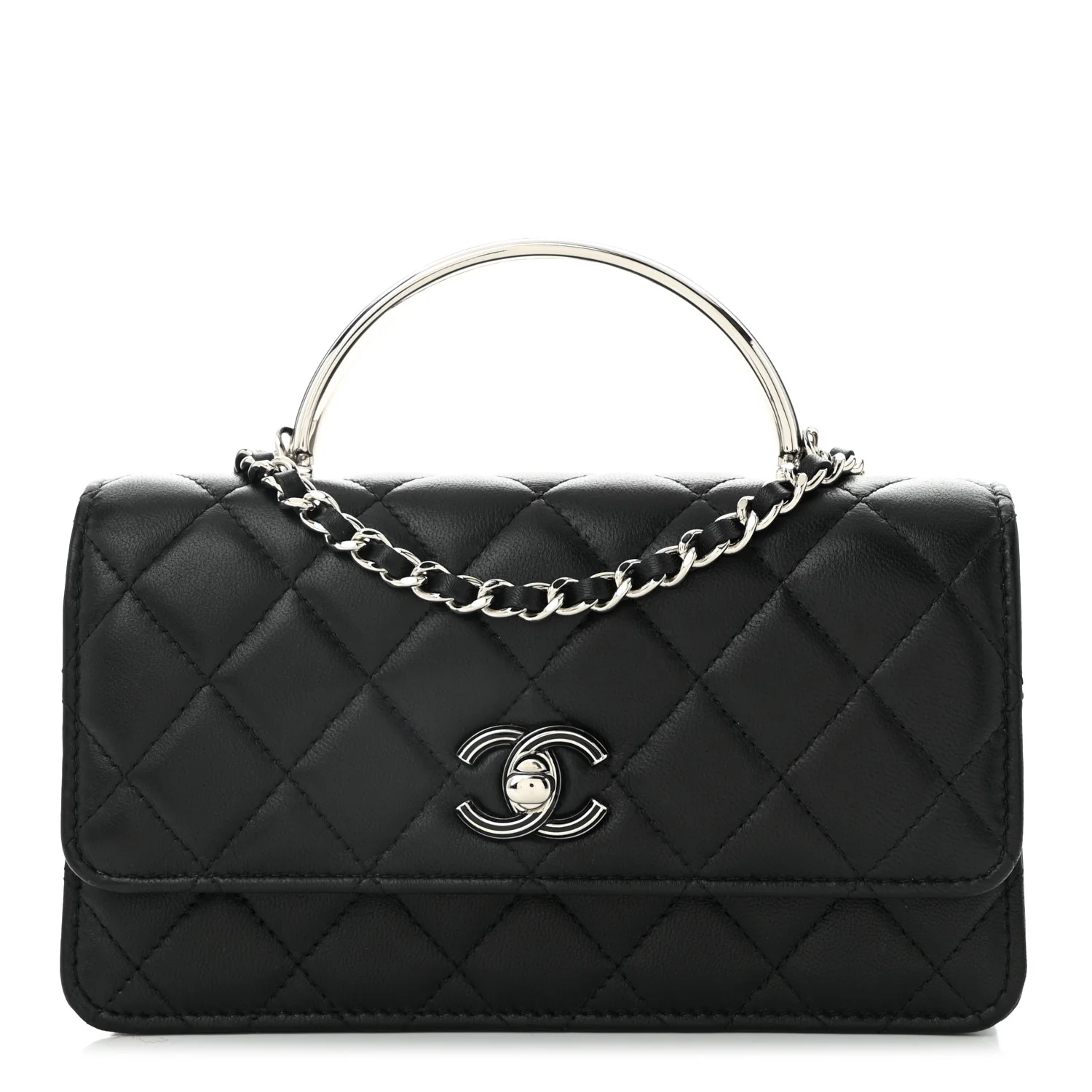 Lambskin Quilted Metal Top Handle Crossbody Flap Black