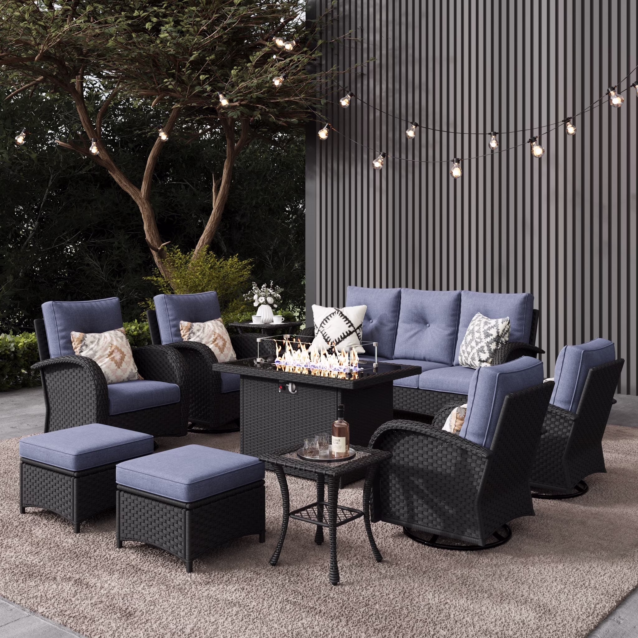 7 Pieces Outdoor Patio Furniture Set with Fire Pit Table, Rattan Wicker Sectional Swivel Rocker Chairs Sets(7 PCS 2*Swivel +Sofa+Fire Pit+2*Ottoman+Table/Brown /Navy Blue) Image 6