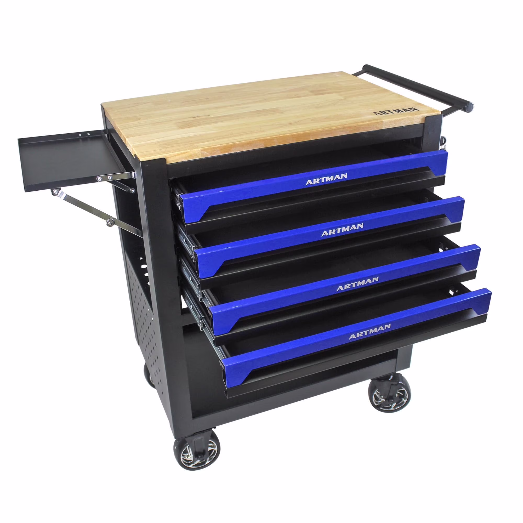 NIGSQJB 4 Drawers Tool Chest on Wheels, 35.4H Tool Storage Cart with Wooden Top,Drawers Rolling Tool Box Organizer Tool Case with Lock for Garage,Warehouse,Workshop,Repair Shop, Blue Black