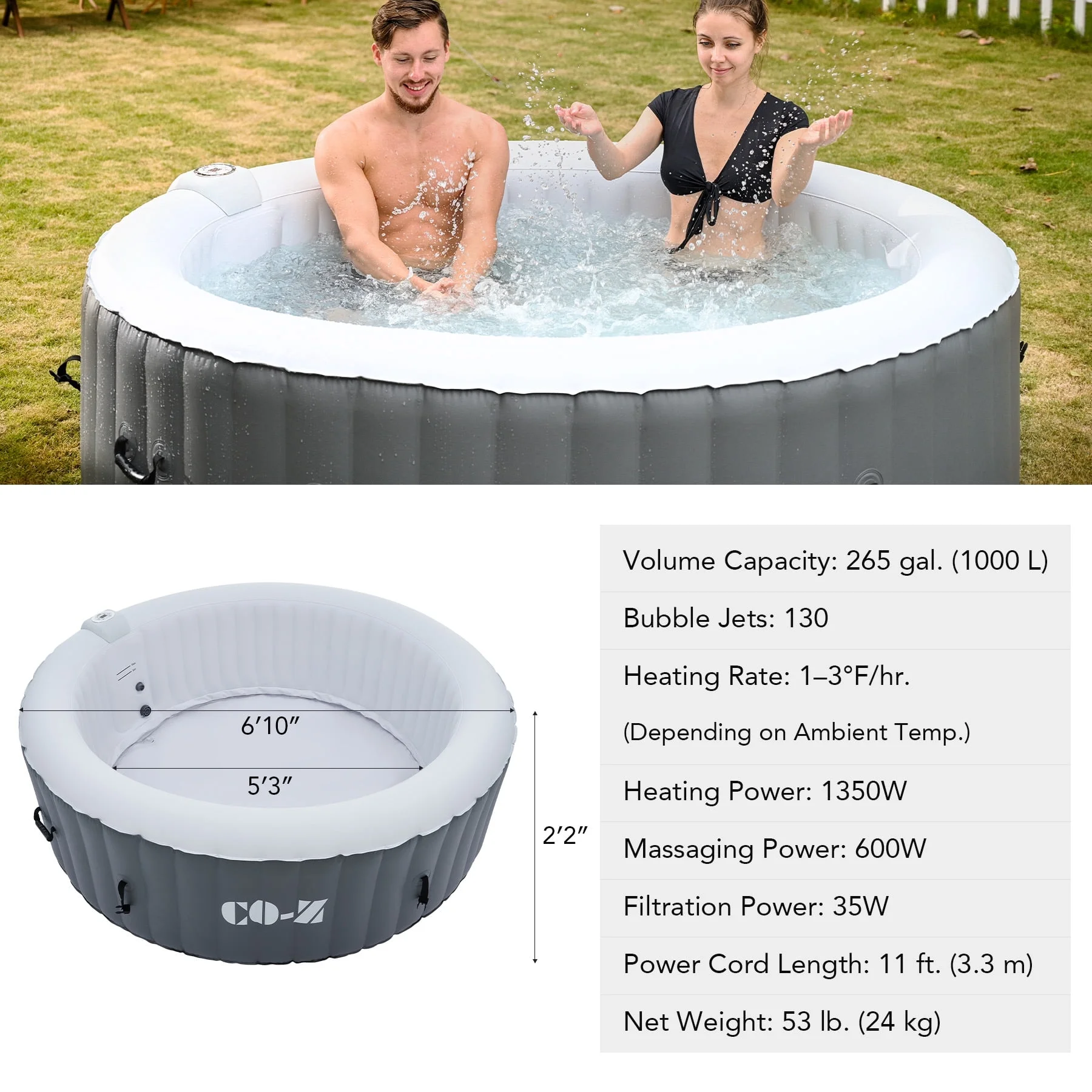 4-6 Person 7ft Inflatable Hot Tub Pool with Massage Jets and All Accessories Gray(4-6-R-Gray) - Image 6