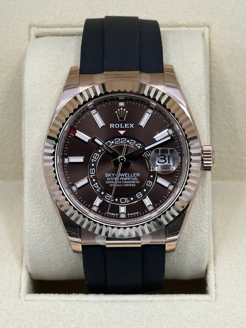 [Super Clone]RLX  Sky-Dweller 42mm Rose Gold Chocolate Dial Oysterflex - 336235