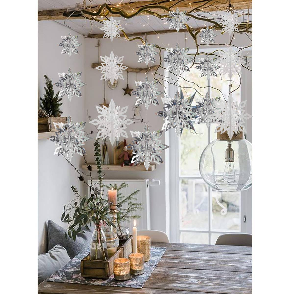Crafare Christmas Hanging Snowflake Decorations 18pcs 3D White Silver Snowflakes Hanging Garland for Christmas Winter Wonderland Holiday New Year