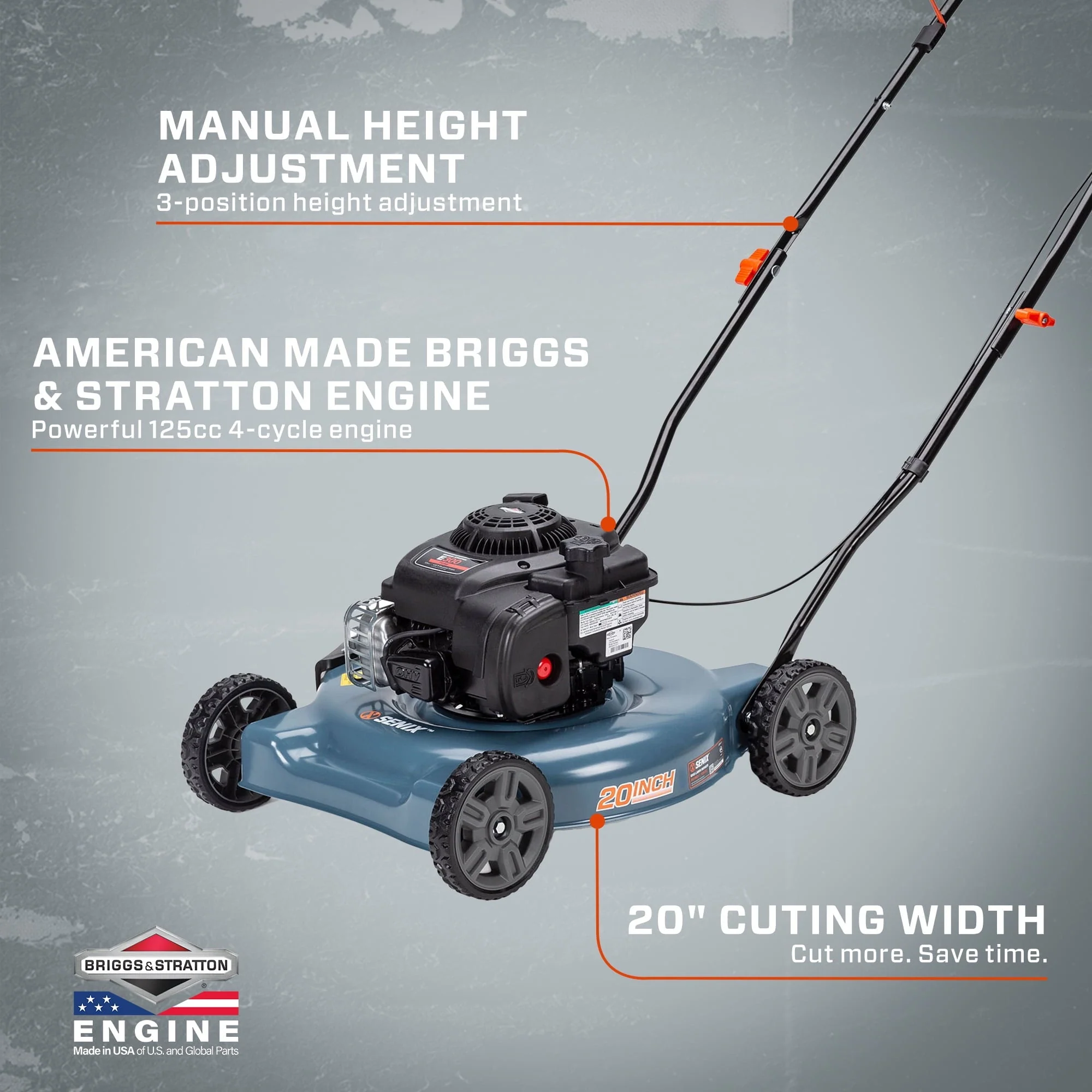 SENIX Gas Lawn Mower, 20 Inch, 125 cc 4 Cycle Briggs Stratton Engine, Push Lawnmower with Side Discharge, 3 Position Height Adjustment, LSPG L2, Blue(Manual Height Adjustment) Image 4
