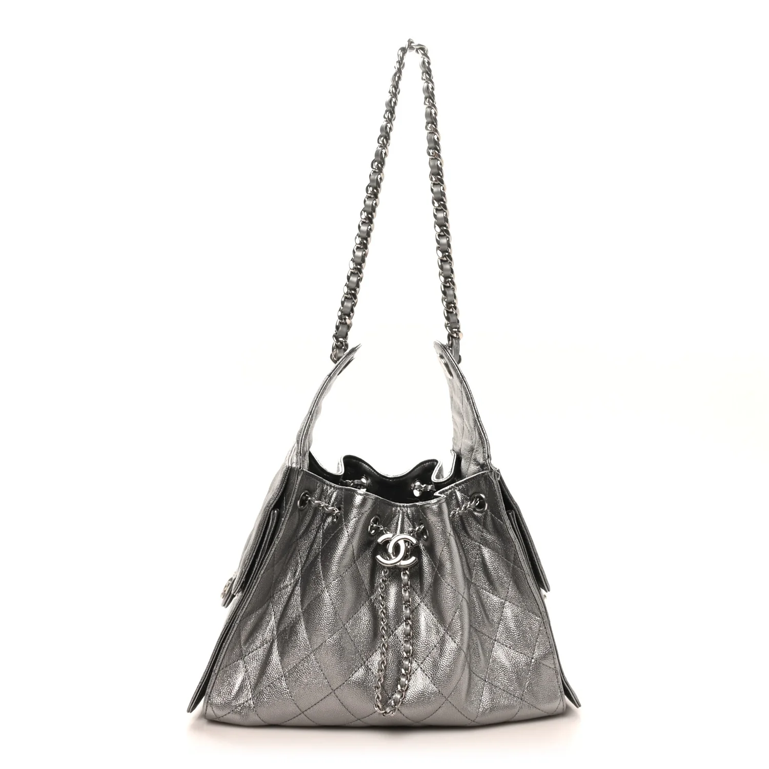 Metallic Caviar Quilted Small Chanel 25 Handbag Silver