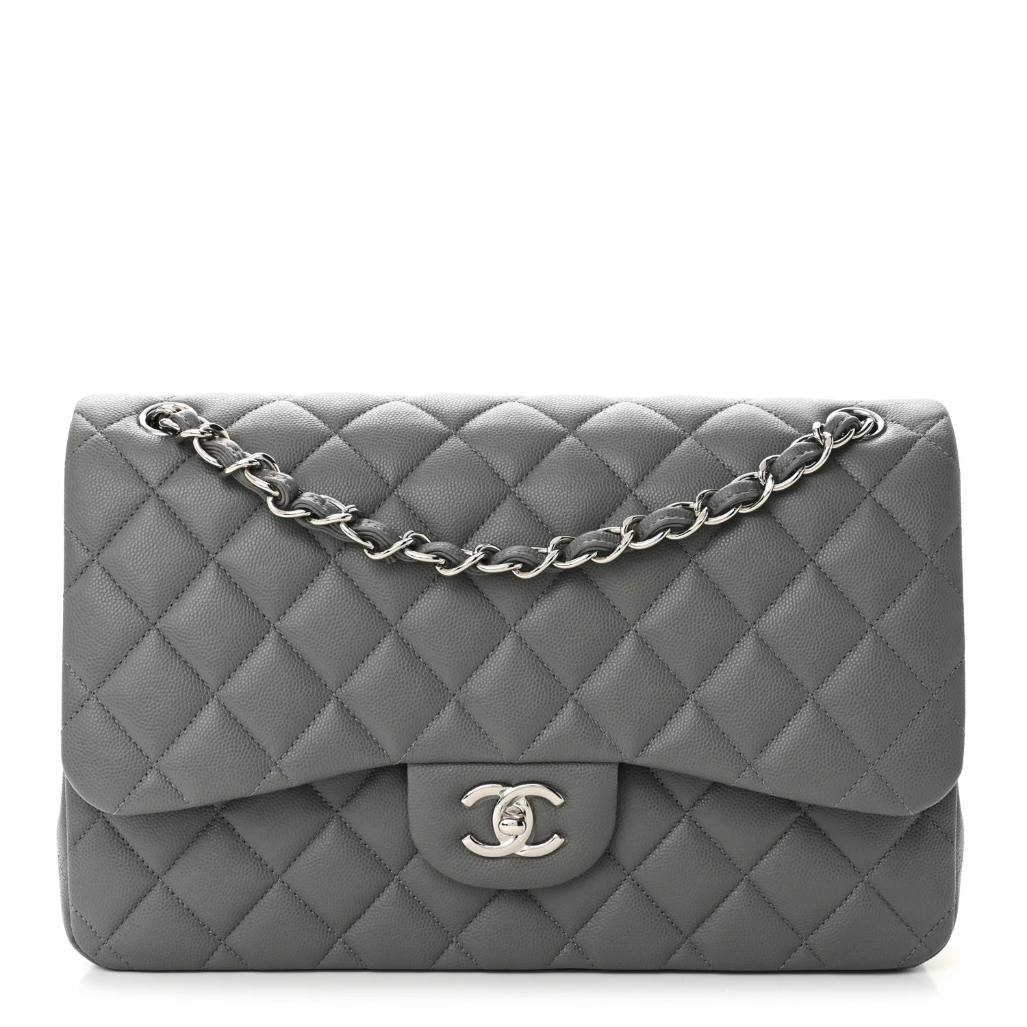 Caviar Quilted Jumbo Double Flap Grey