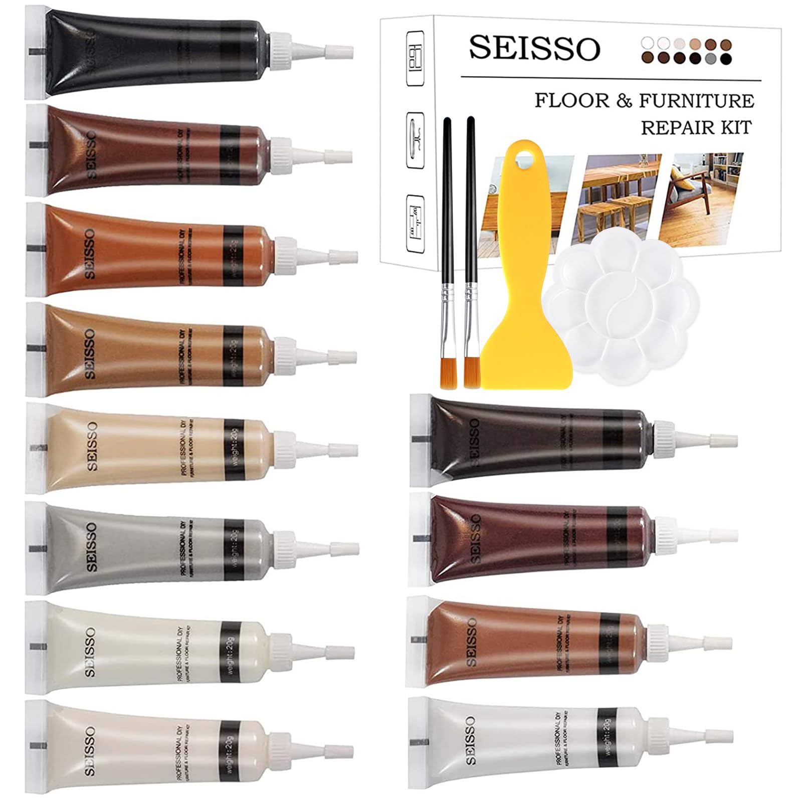 SEISSO Wood Repair Kit Wood Touch Up Paint Restore Any Wood Furniture Wood Stain, 12 Colors Cover Surface Scratch for Wooden Floor Table, Filler